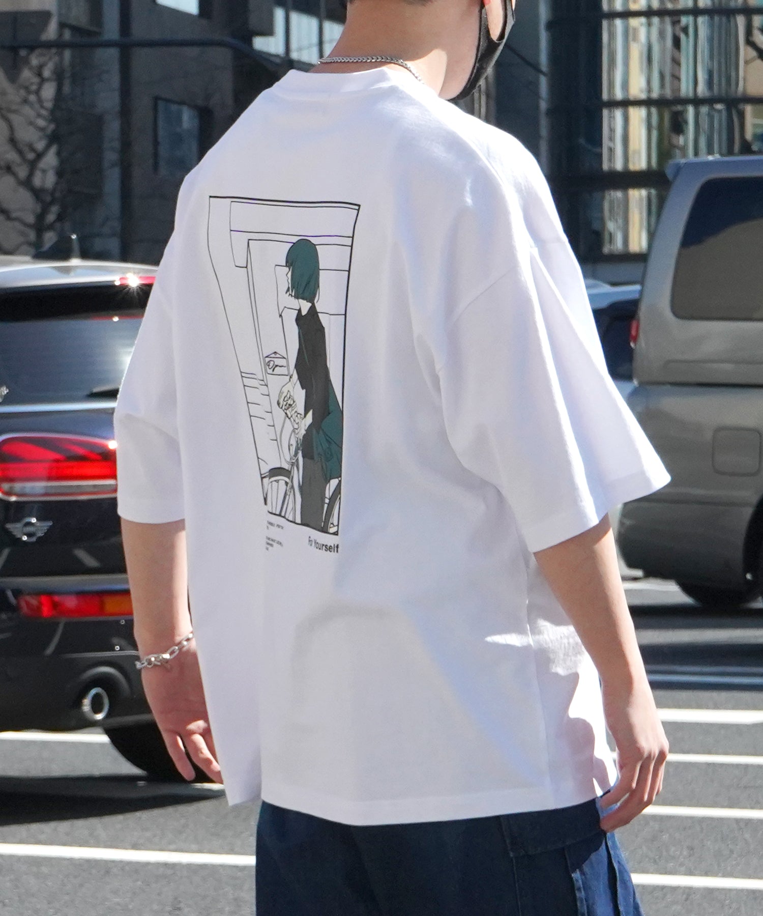 24SS 新柄 バイシクルガール イラストバックプリント / ワンポイント刺繍 ビッグシルエット半袖Tシャツ