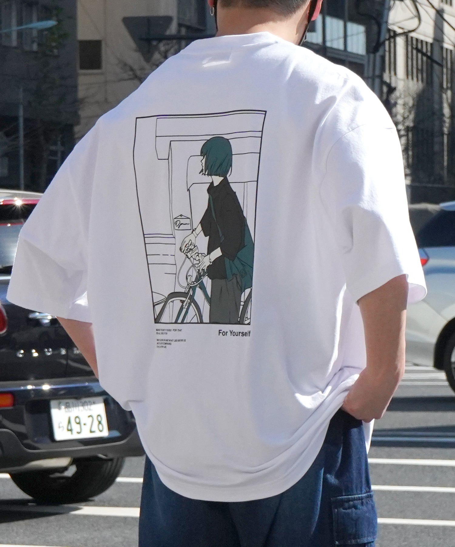 24SS 新柄 バイシクルガール イラストバックプリント / ワンポイント刺繍 ビッグシルエット半袖Tシャツ