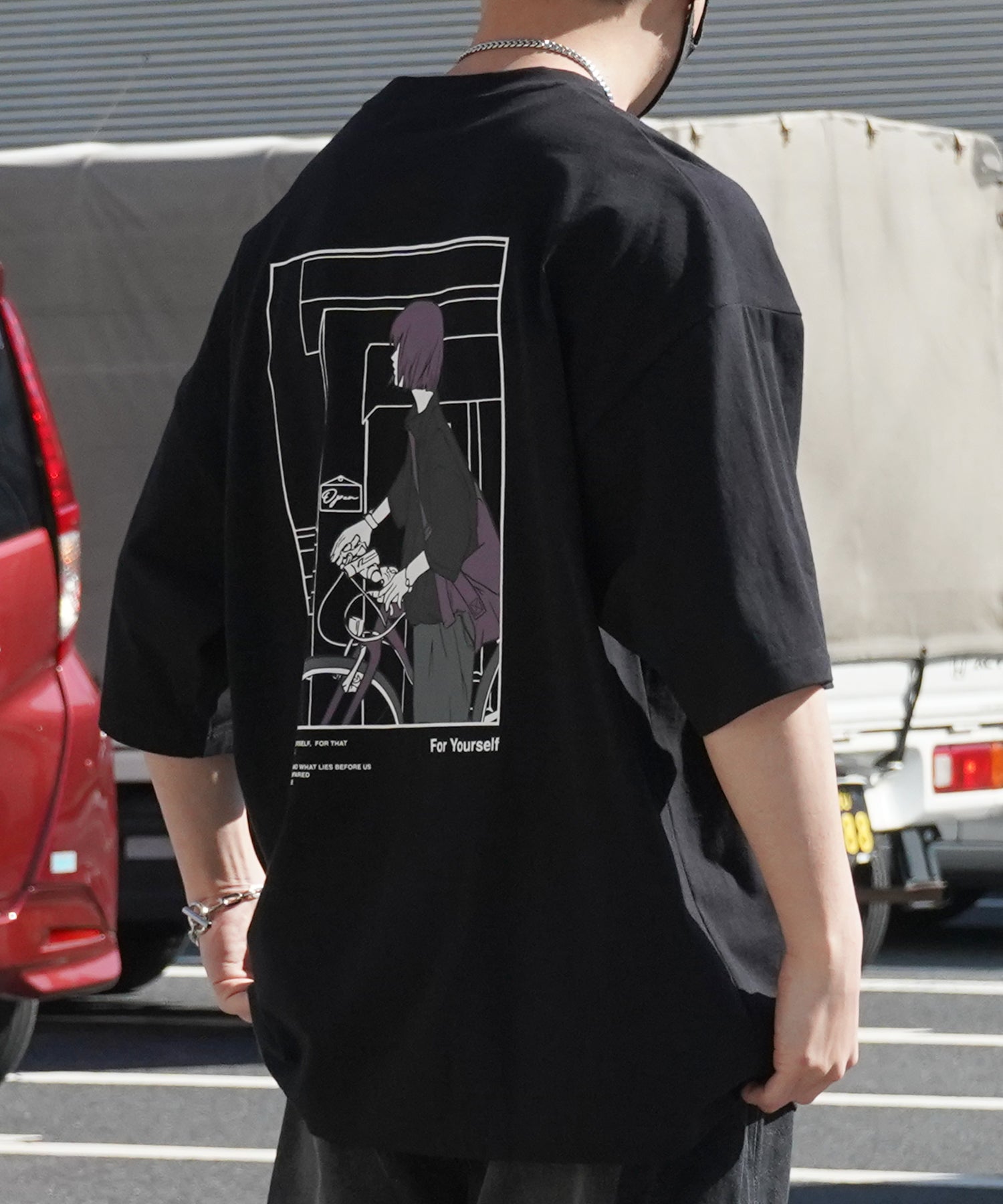 24SS 新柄 バイシクルガール イラストバックプリント / ワンポイント刺繍 ビッグシルエット半袖Tシャツ