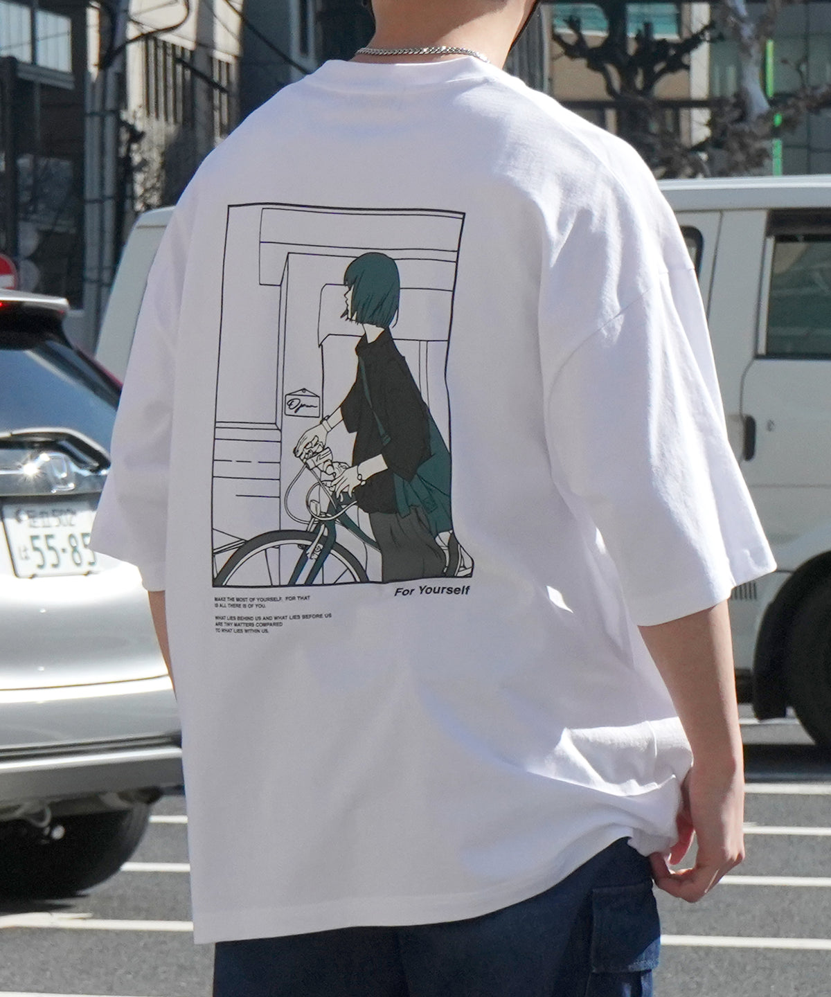 バイシクルガール イラストバックプリント / ワンポイント刺繍 ビッグシルエット半袖Tシャツ