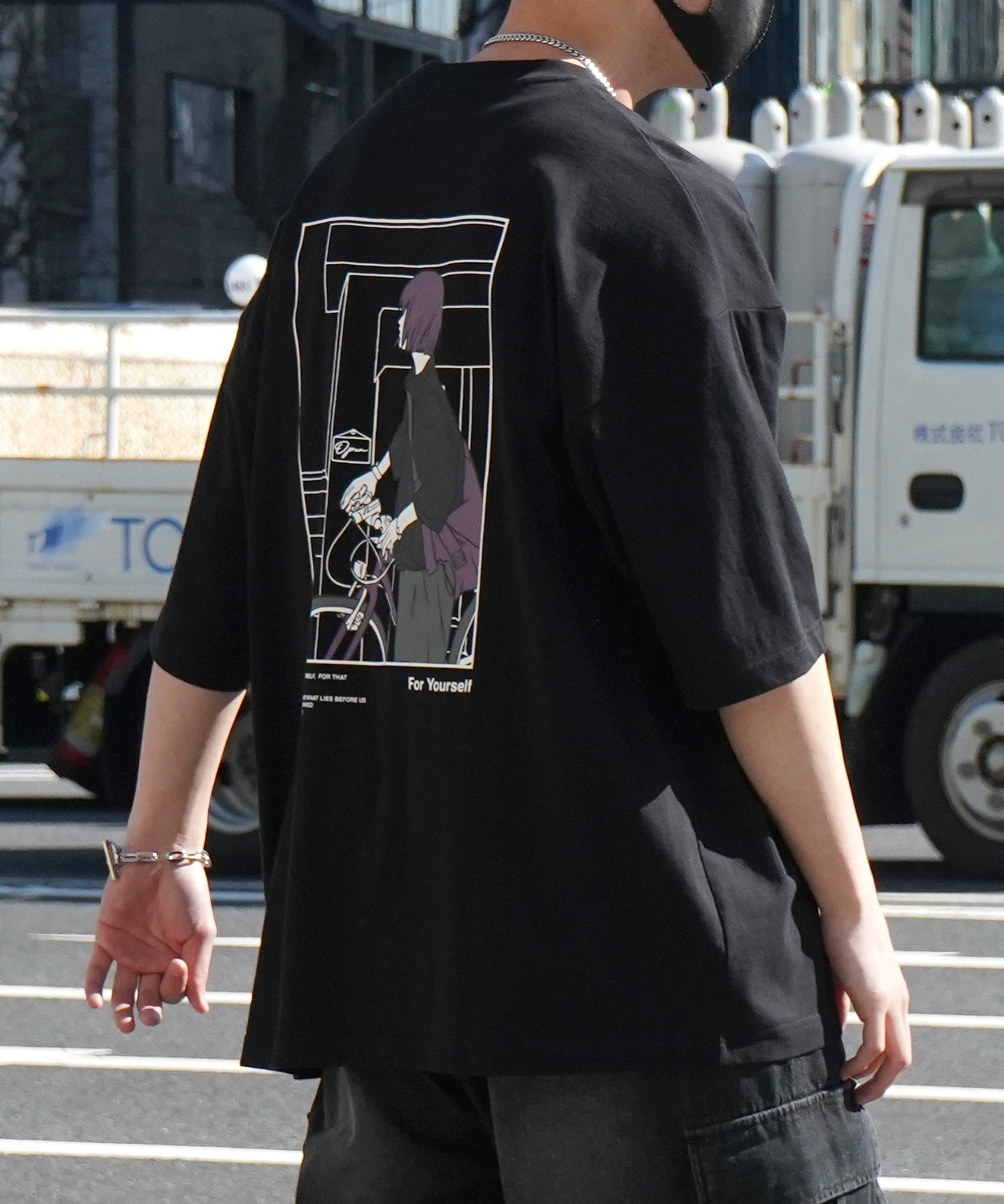 24SS 新柄 バイシクルガール イラストバックプリント / ワンポイント刺繍 ビッグシルエット半袖Tシャツ