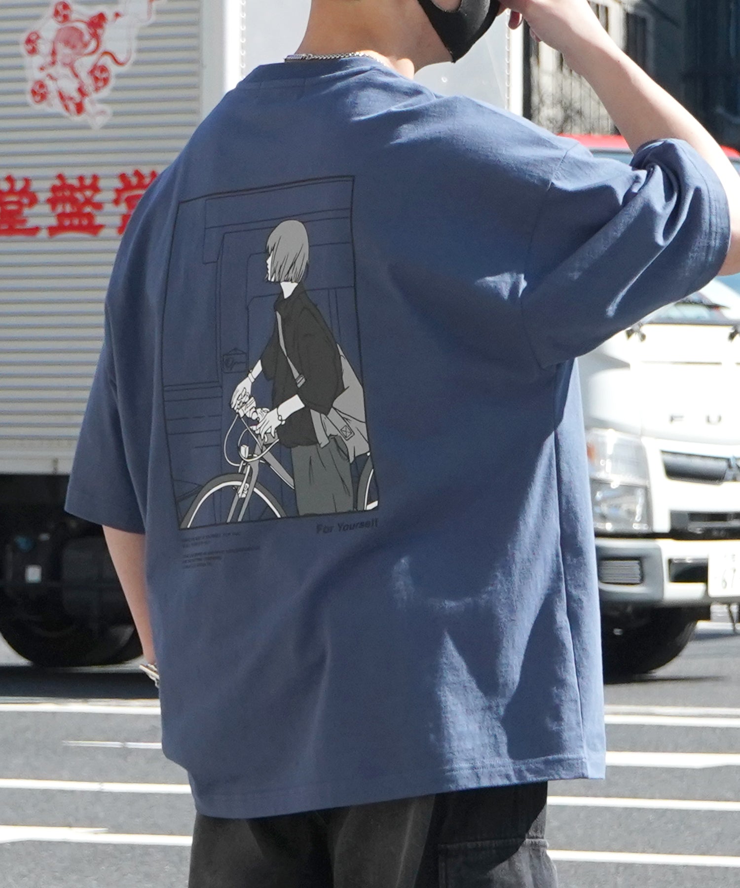 24SS 新柄 バイシクルガール イラストバックプリント / ワンポイント刺繍 ビッグシルエット半袖Tシャツ