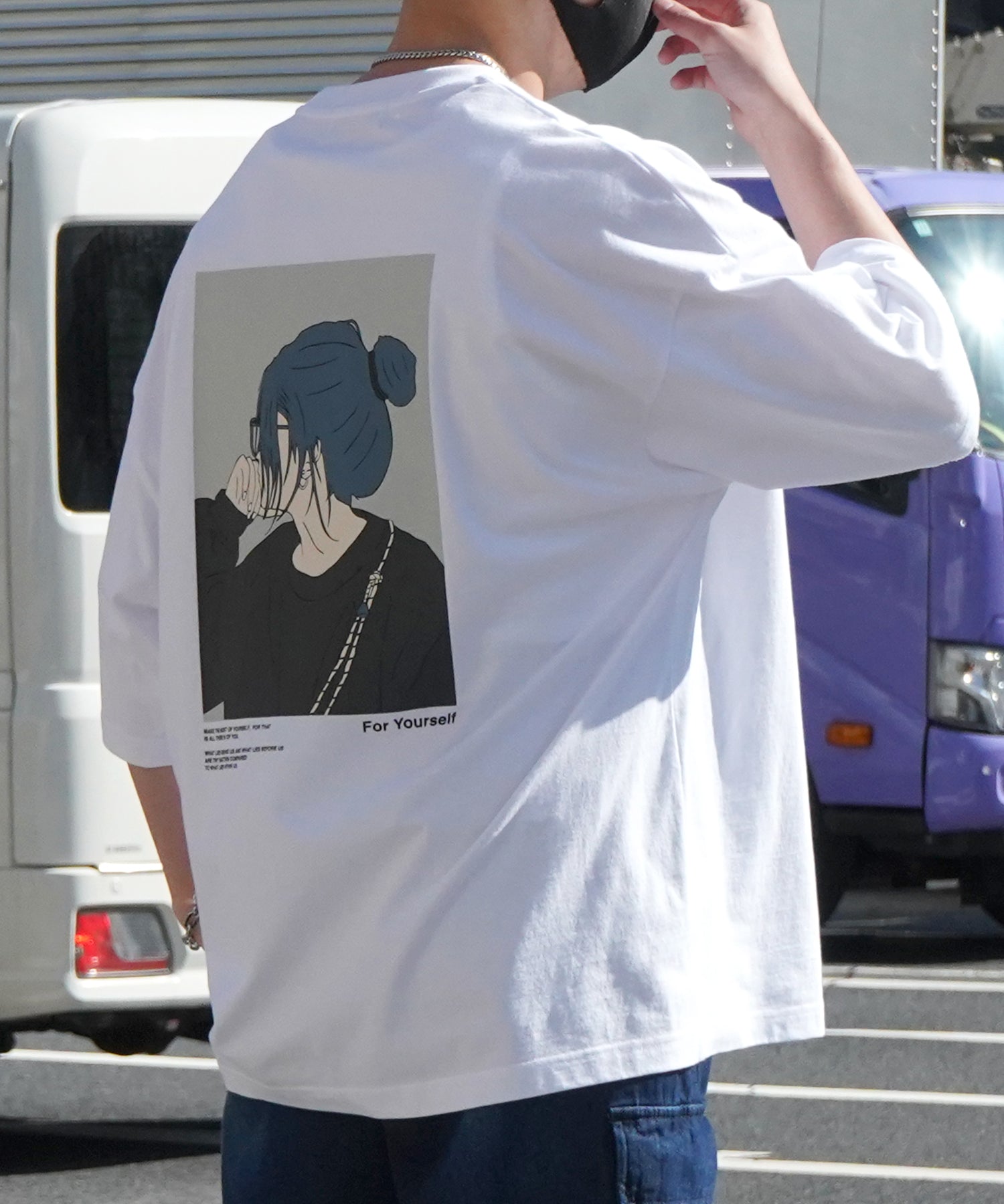 24SS 新柄 お団子ガール イラストバックプリント / ワンポイント刺繍 ビッグシルエット半袖Tシャツ