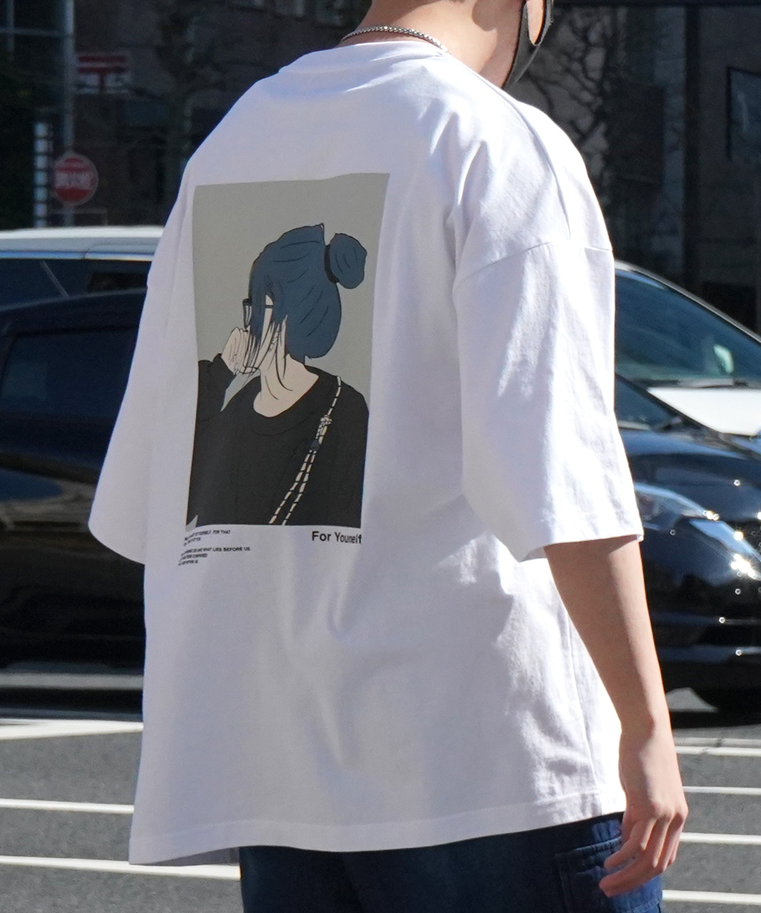 24SS 新柄 お団子ガール イラストバックプリント / ワンポイント刺繍 ビッグシルエット半袖Tシャツ