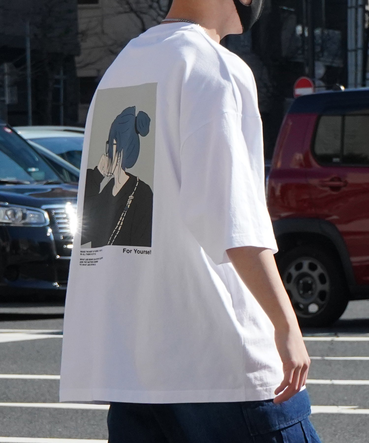 24SS 新柄 お団子ガール イラストバックプリント / ワンポイント刺繍 ビッグシルエット半袖Tシャツ