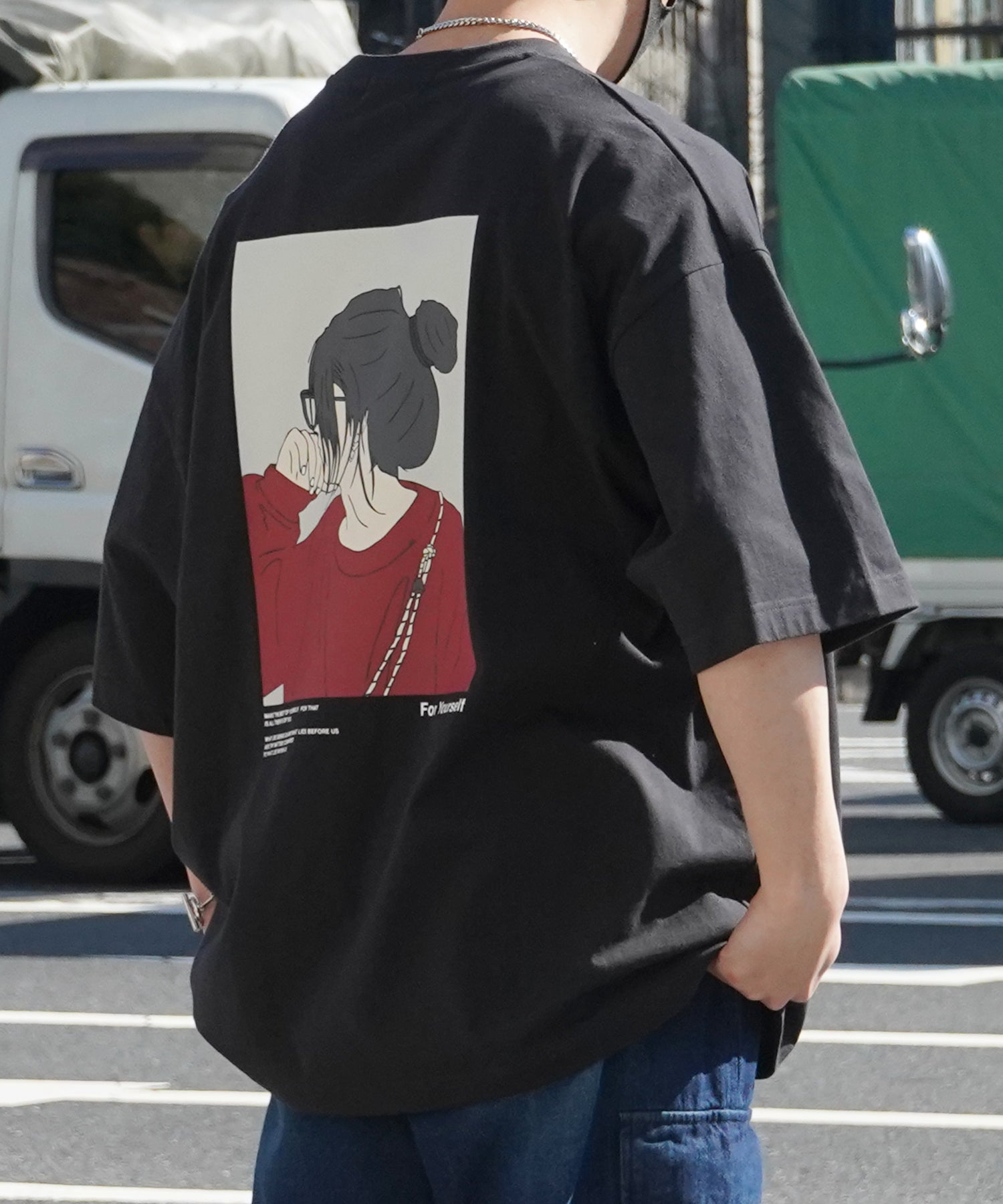 24SS 新柄 お団子ガール イラストバックプリント / ワンポイント刺繍 ビッグシルエット半袖Tシャツ
