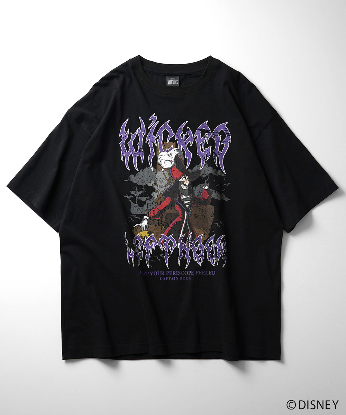 【Disney Villains / ディズニーヴィランズ】CAPTAIN FOOK / フック船長 ヴィンテージライク ピグメント加工 ビッグシルエット 半袖プリントTシャツ