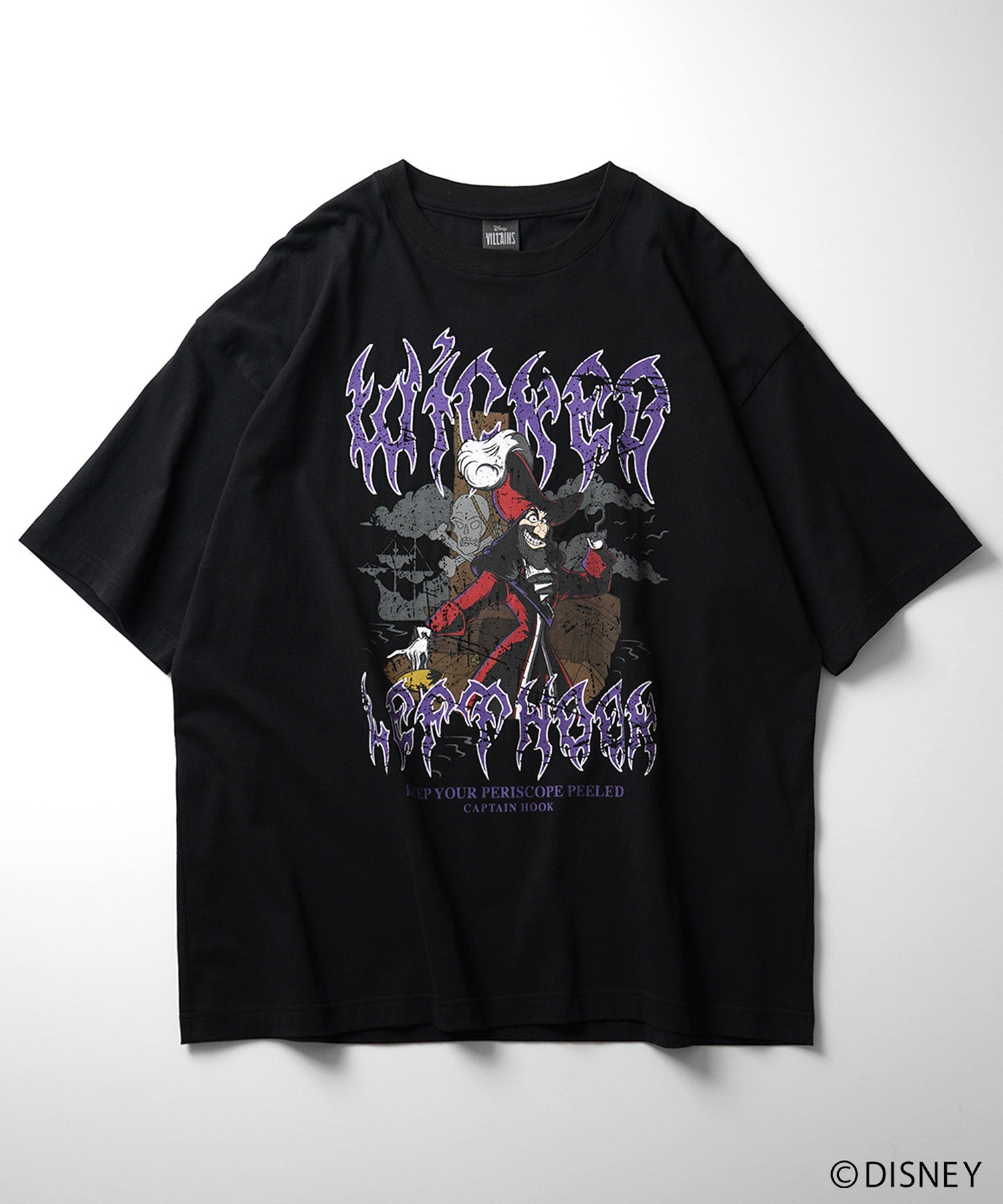 【Disney Villains / ディズニーヴィランズ】CAPTAIN FOOK / フック船長 ヴィンテージライク ピグメント加工 ビッグシルエット 半袖プリントTシャツ