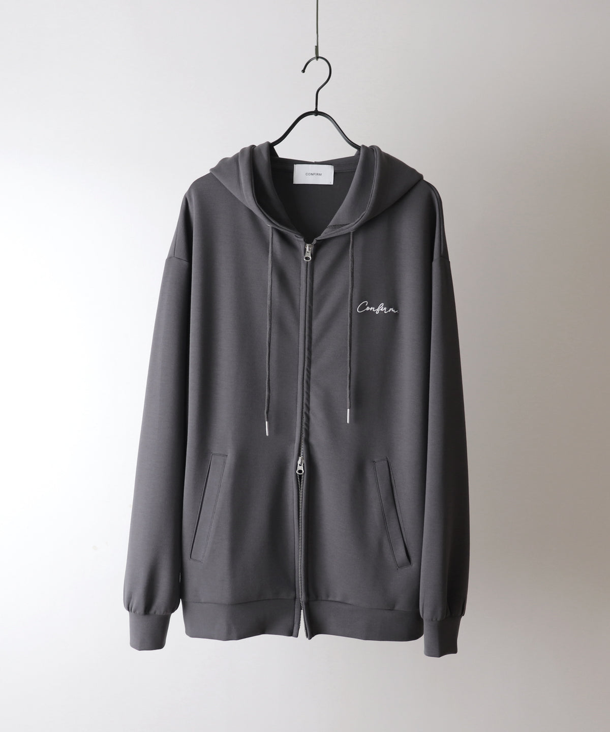 ワンポイント刺繍 ビッグシルエット ドレープトロミ ポンチフルジップパーカー フーディー