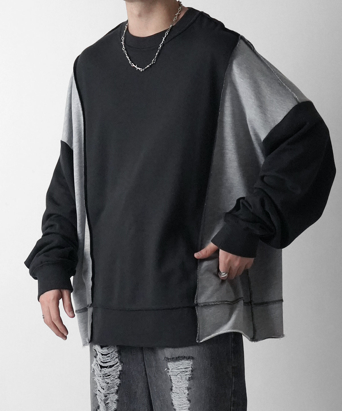 ヴィンテージライク リメイク風 切リ替エ配色 裏毛トレーナー プルオーバースウェット