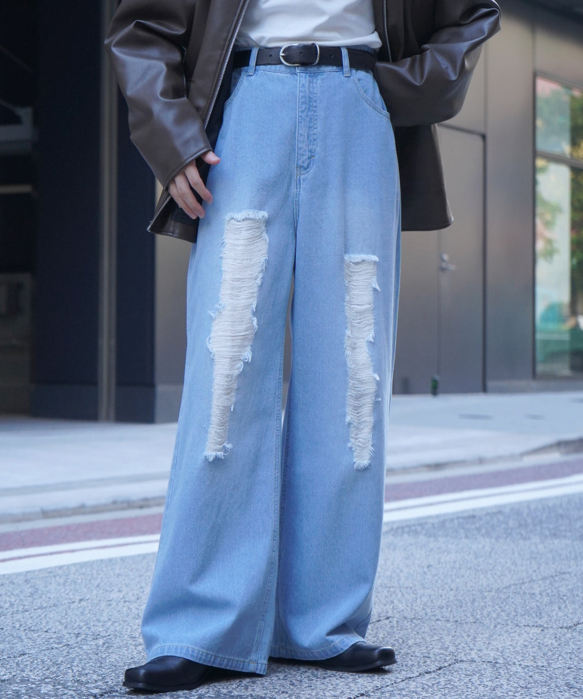 25AW ヴィンテージメイク ダメージ加工 ケミカルウォッシュ加工 ワイドストレートデニムパンツ