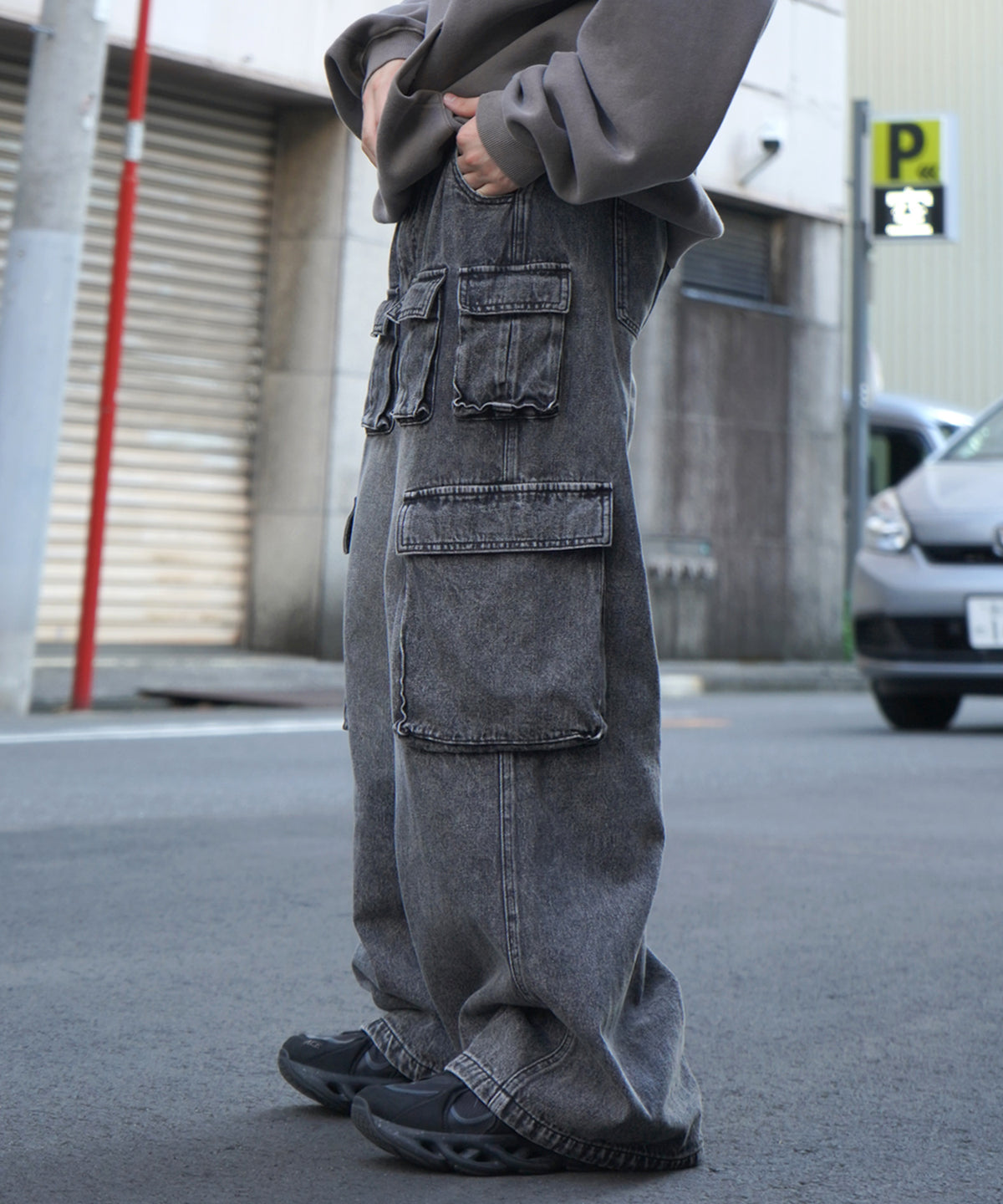 25SS ヴィンテージメイク レトロライク Y2Kグランジ ケミカル加工 マルチポケットデニムカーゴパンツ