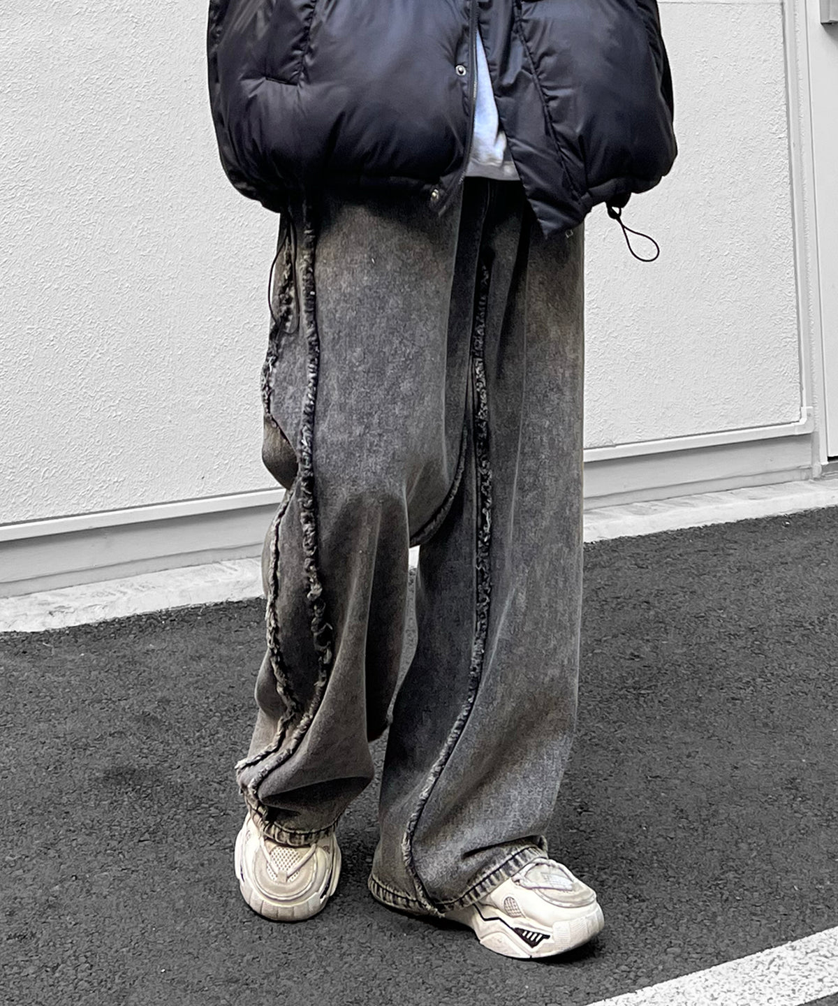 【96thes SELECT】ヴィンテージライク サイドフリンジライン ワイドデニムパンツ