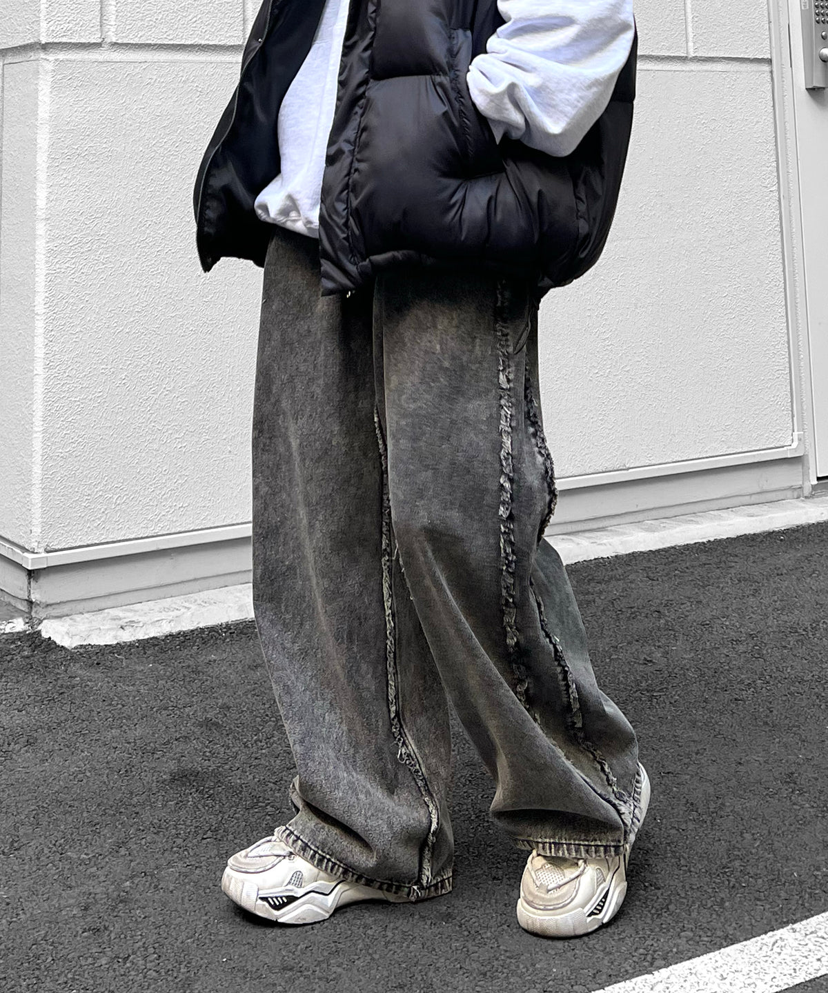 【96thes SELECT】ヴィンテージライク サイドフリンジライン ワイドデニムパンツ