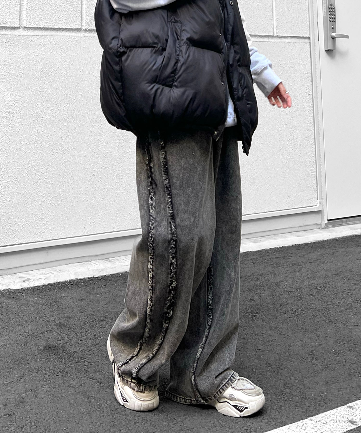 【96thes SELECT】ヴィンテージライク サイドフリンジライン ワイドデニムパンツ