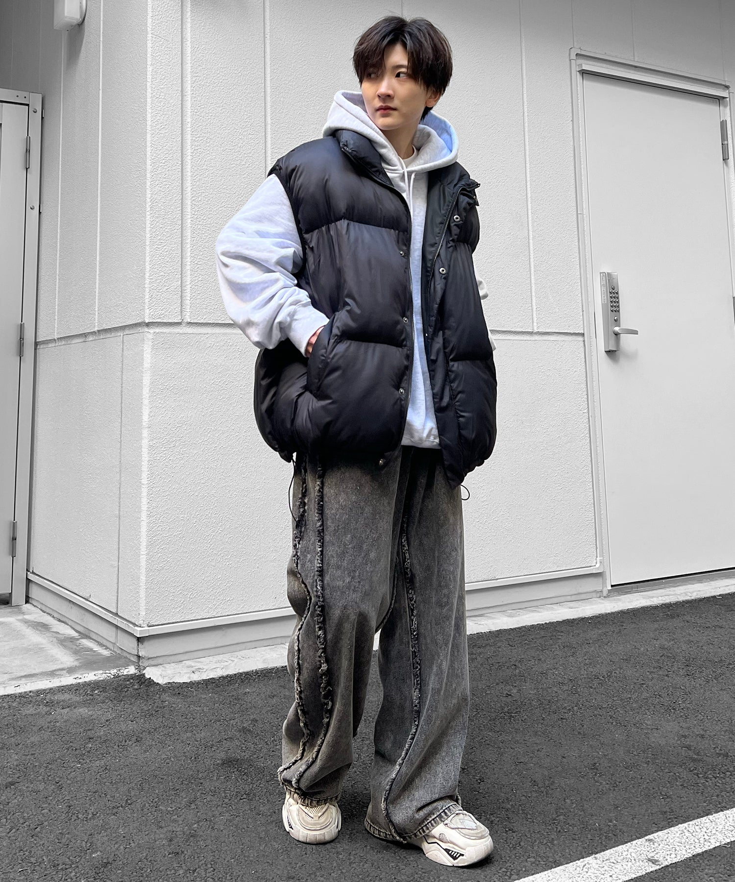 【96thes SELECT】ヴィンテージライク サイドフリンジライン ワイドデニムパンツ