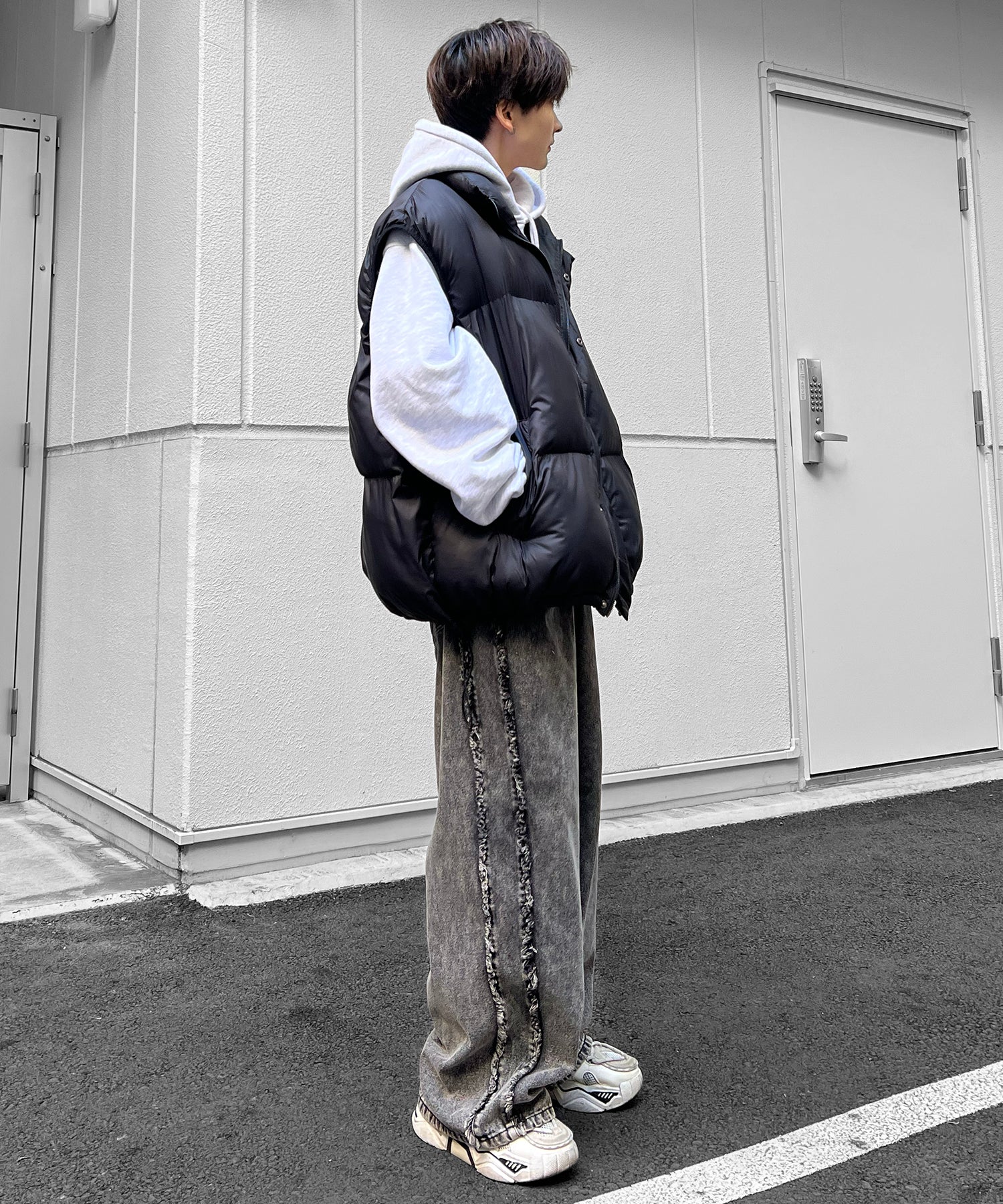 【96thes SELECT】ヴィンテージライク サイドフリンジライン ワイドデニムパンツ