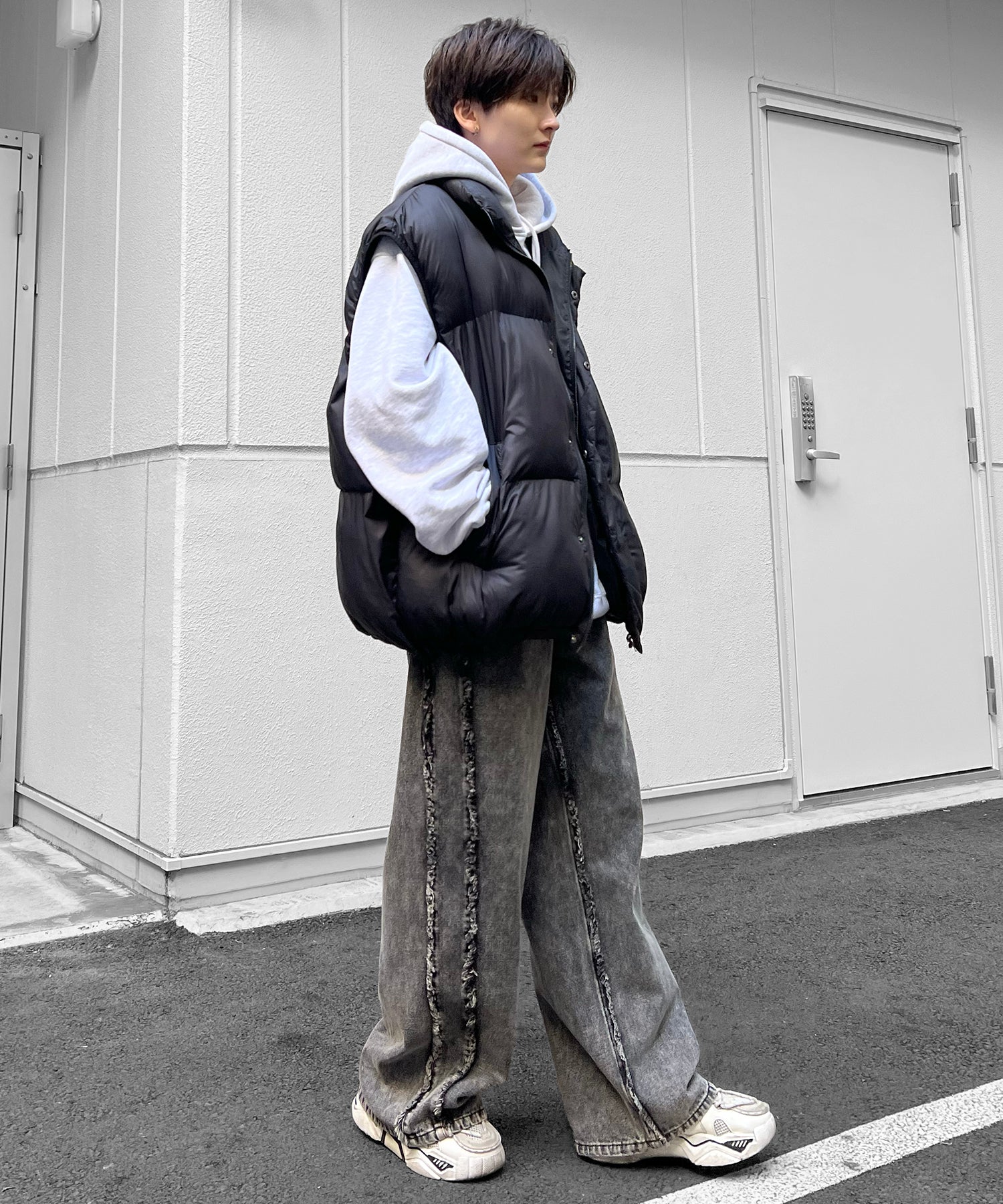 【96thes SELECT】ヴィンテージライク サイドフリンジライン ワイドデニムパンツ