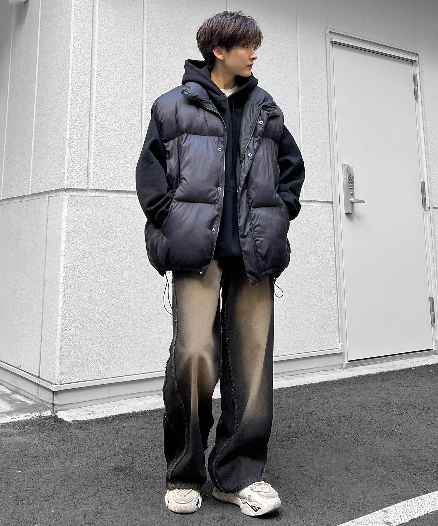 【96thes SELECT】ヴィンテージライク サイドフリンジライン ワイドデニムパンツ