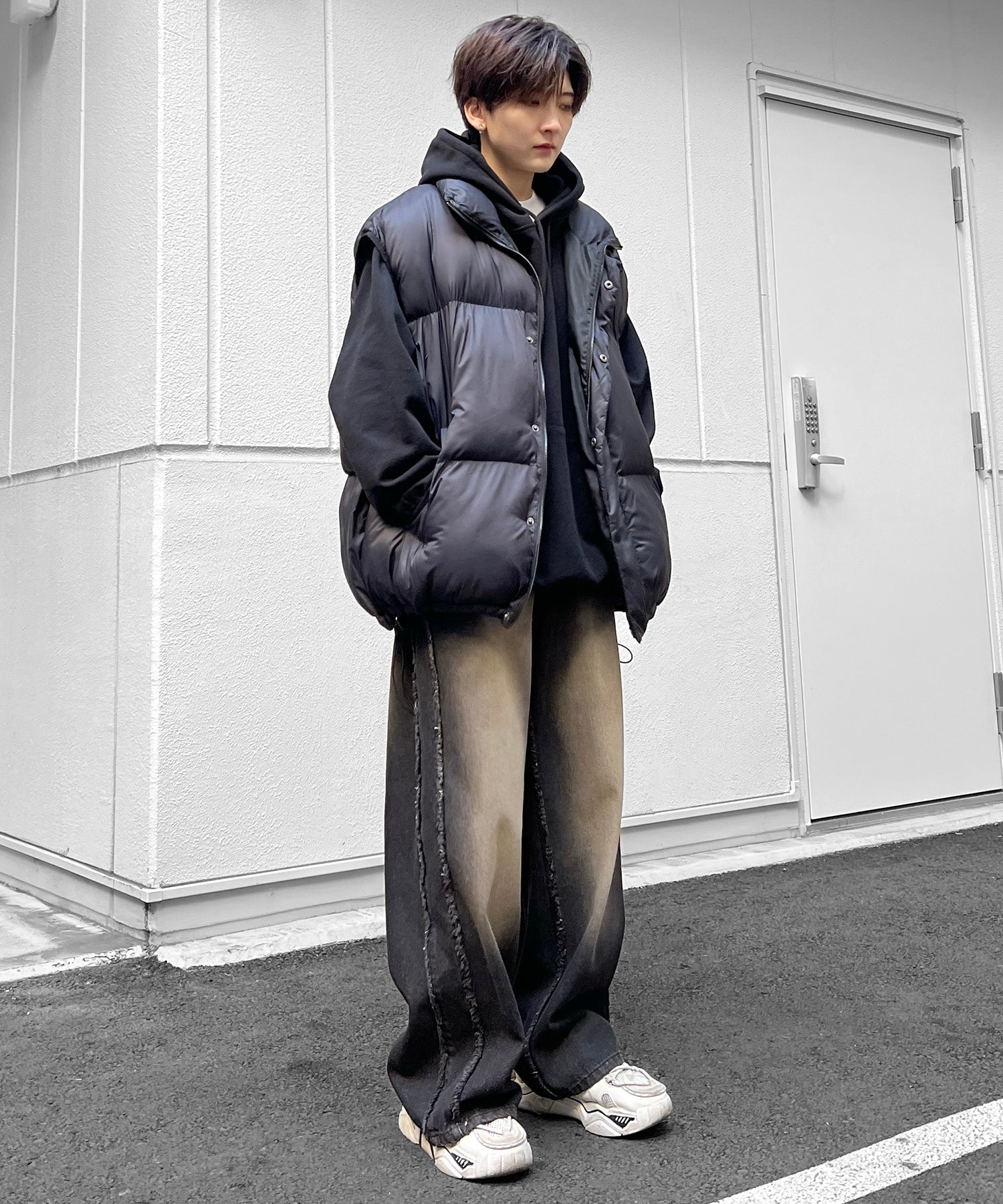 【96thes SELECT】ヴィンテージライク サイドフリンジライン ワイドデニムパンツ