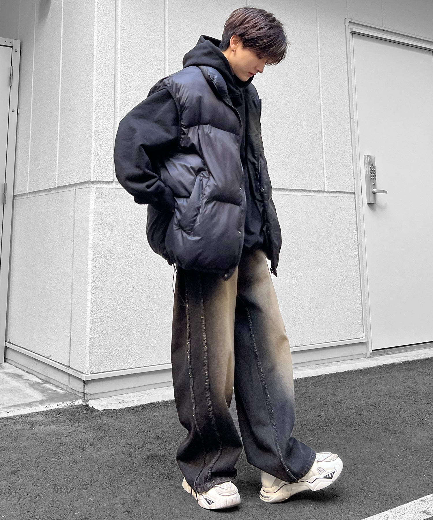【96thes SELECT】ヴィンテージライク サイドフリンジライン ワイドデニムパンツ