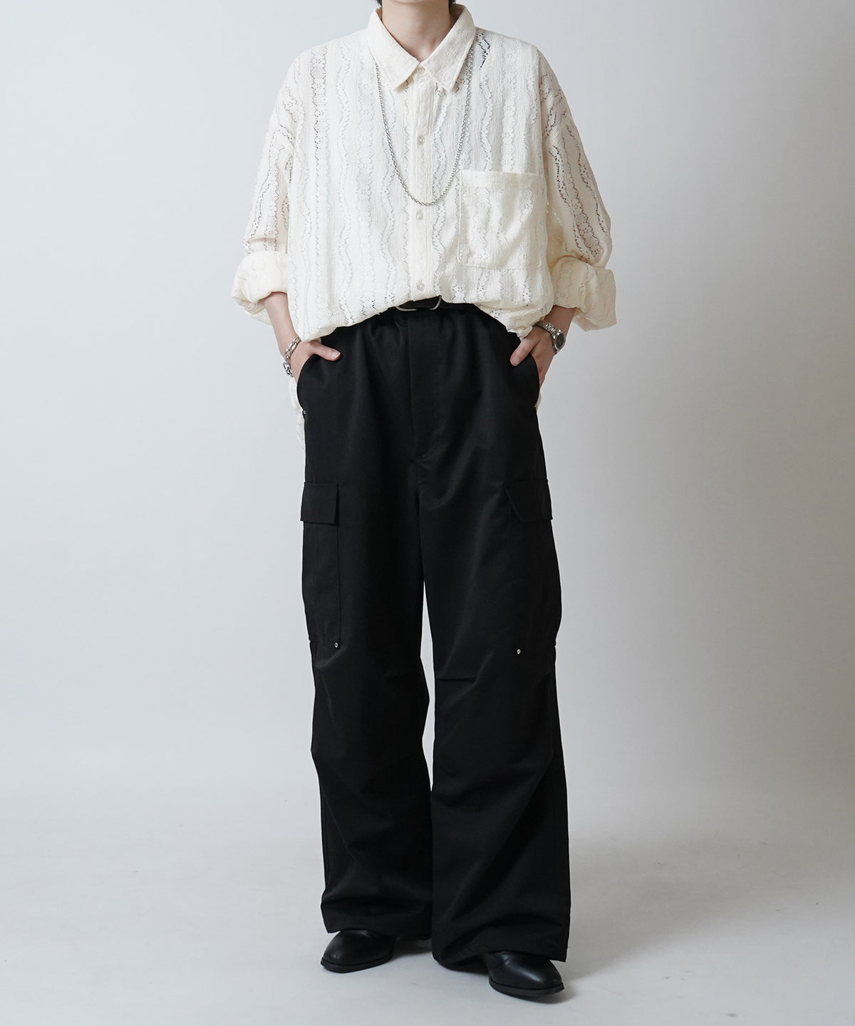 24SS リベット付 デザインカーゴパンツ サイドポケット 裾ドローコード ワイドストレート パラシュートパンツ