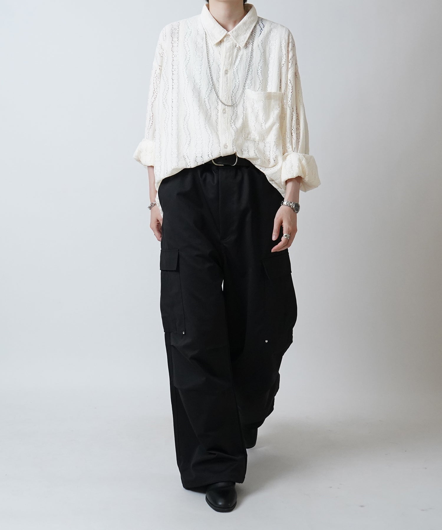 24SS リベット付 デザインカーゴパンツ サイドポケット 裾ドローコード ワイドストレート パラシュートパンツ