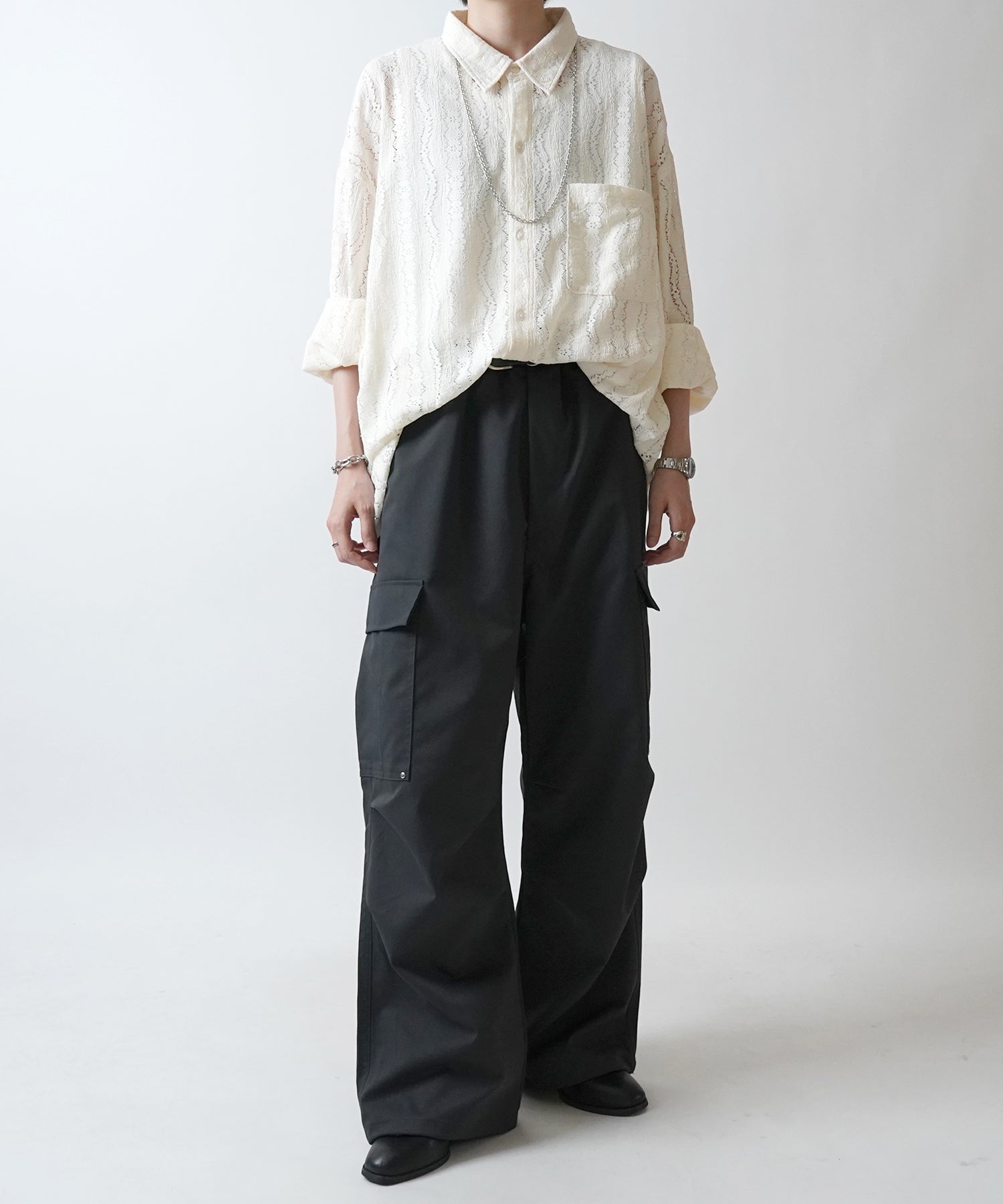 24SS リベット付 デザインカーゴパンツ サイドポケット 裾ドローコード ワイドストレート パラシュートパンツ