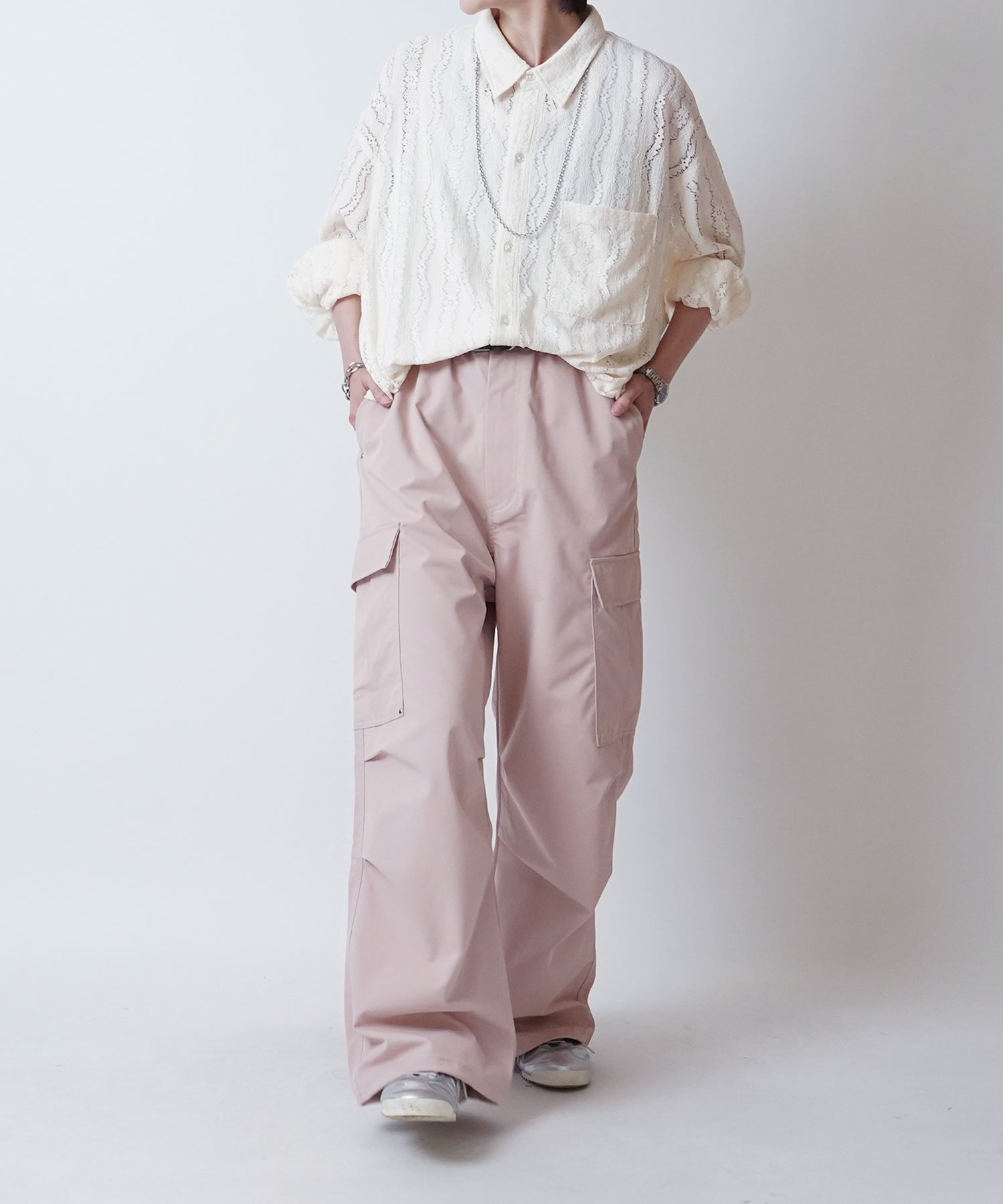 24SS リベット付 デザインカーゴパンツ サイドポケット 裾ドローコード ワイドストレート パラシュートパンツ