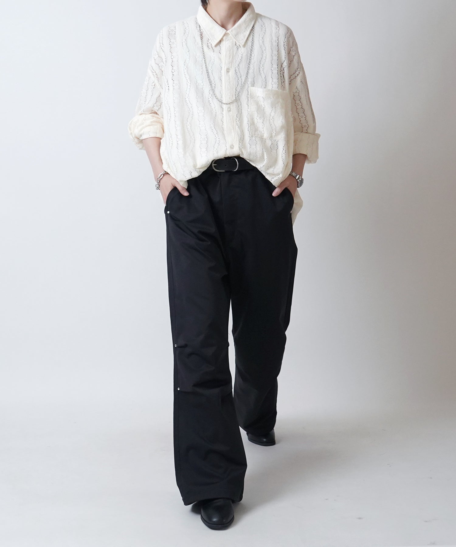 24SS リベット付 デザインパラシュートパンツ 裾ドローコード ワイドストレートスノーパンツ
