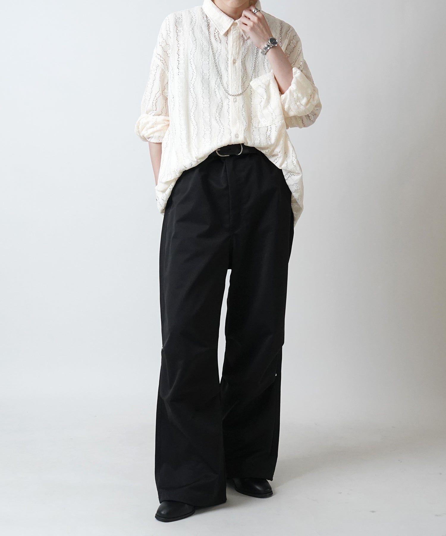 24SS リベット付 デザインパラシュートパンツ 裾ドローコード ワイドストレートスノーパンツ