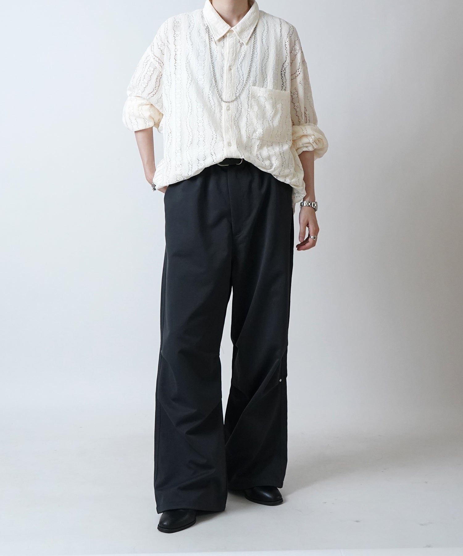 24SS リベット付 デザインパラシュートパンツ 裾ドローコード ワイドストレートスノーパンツ