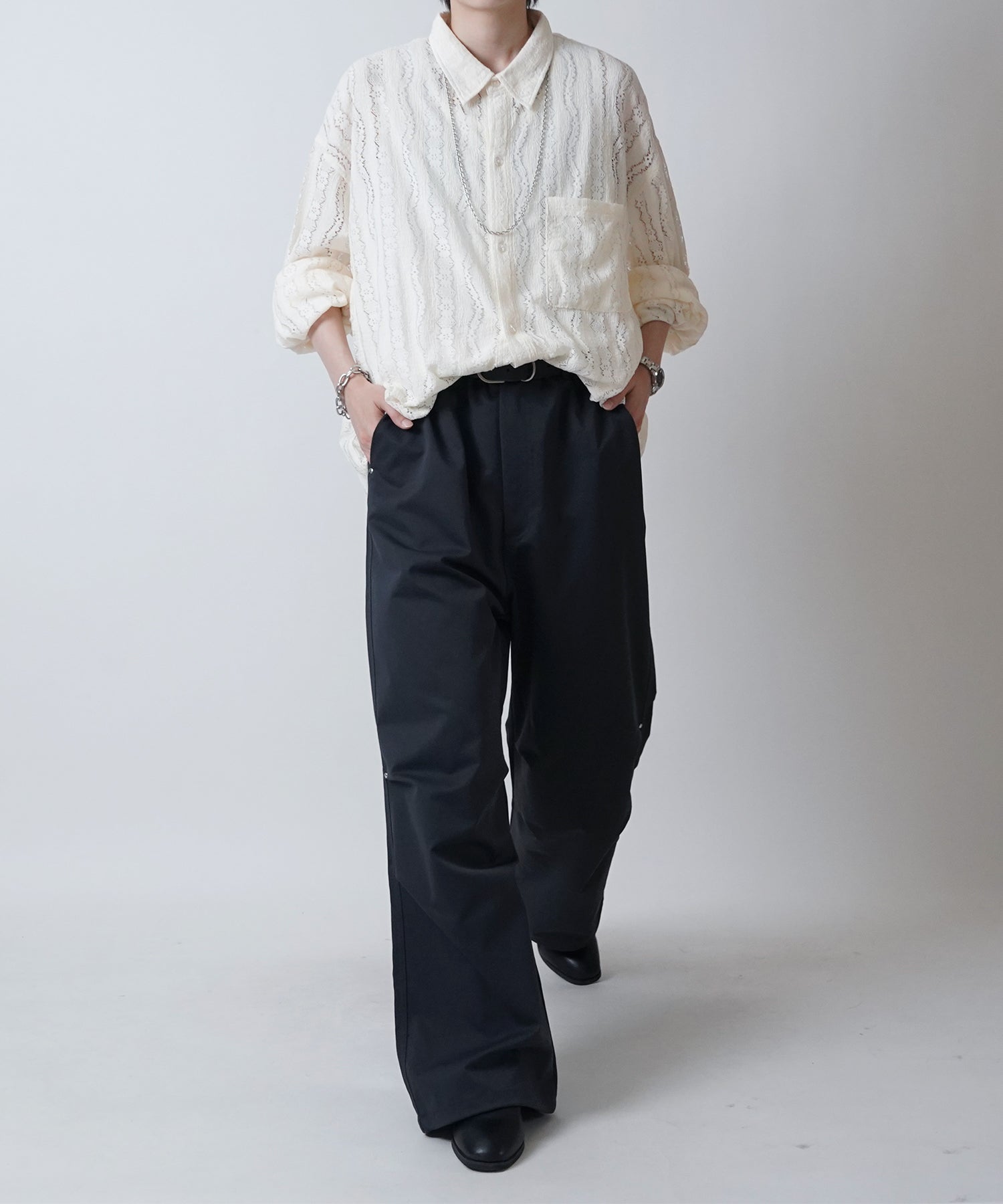 24SS リベット付 デザインパラシュートパンツ 裾ドローコード ワイドストレートスノーパンツ