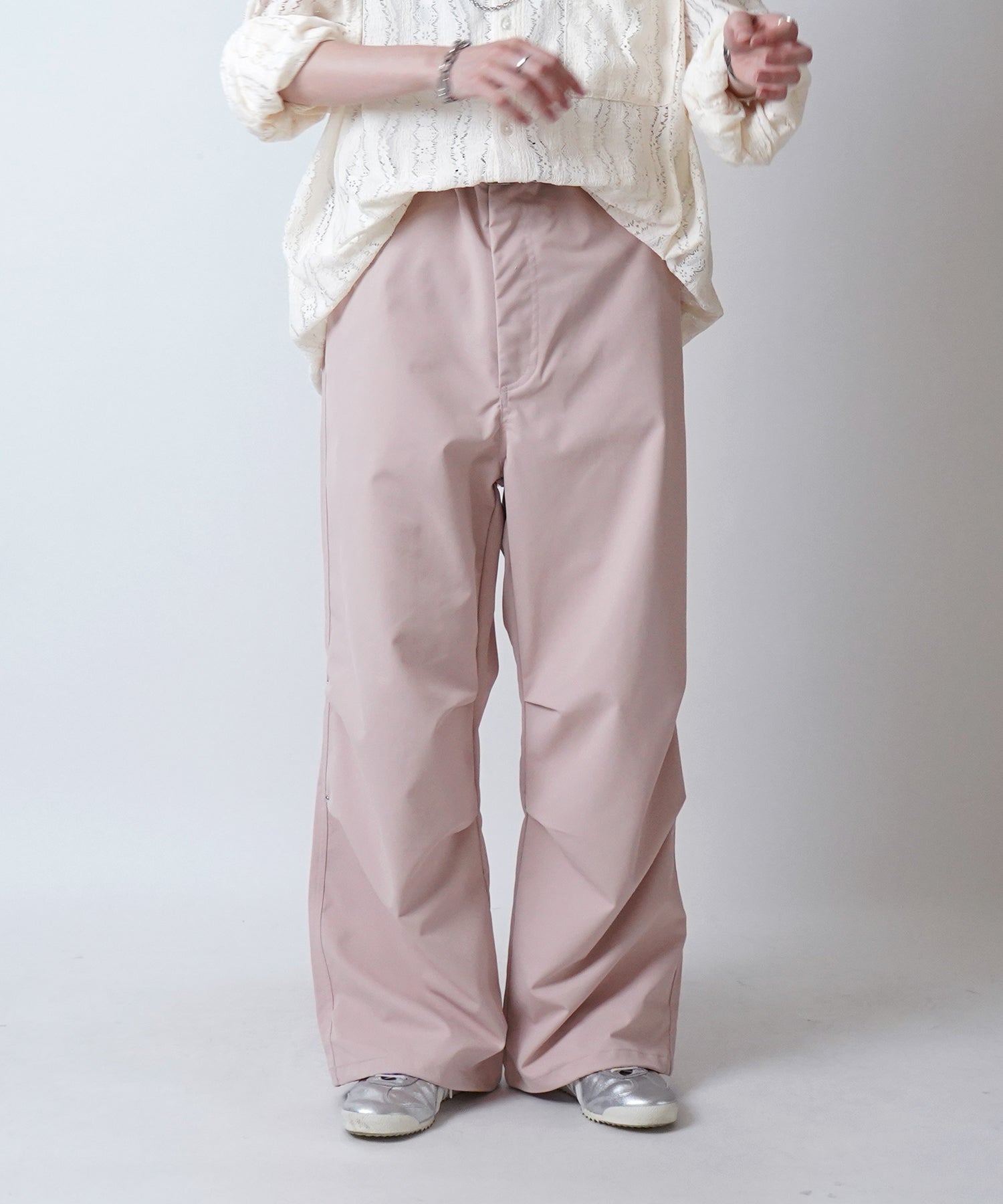 24SS リベット付 デザインパラシュートパンツ 裾ドローコード ワイドストレートスノーパンツ