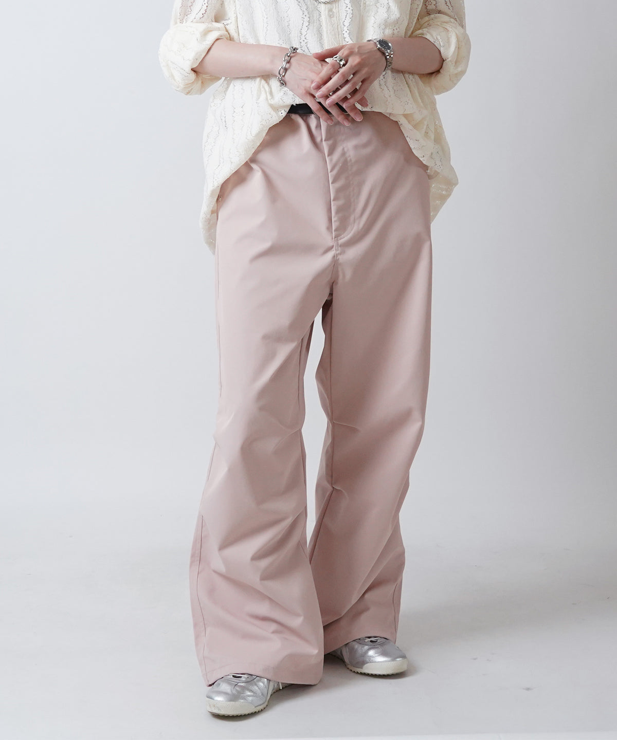 24SS リベット付 デザインパラシュートパンツ 裾ドローコード ワイドストレートスノーパンツ