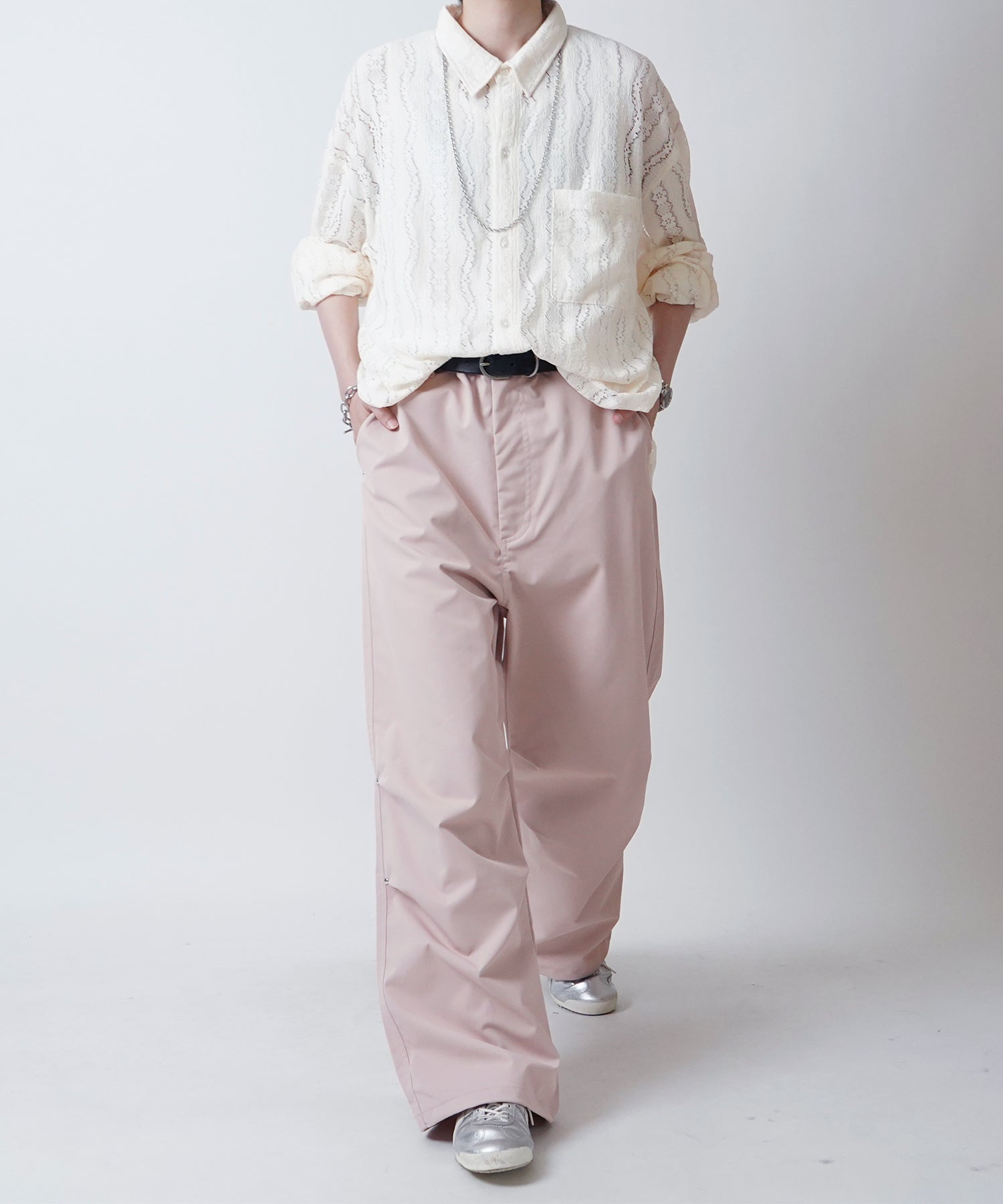 24SS リベット付 デザインパラシュートパンツ 裾ドローコード ワイドストレートスノーパンツ