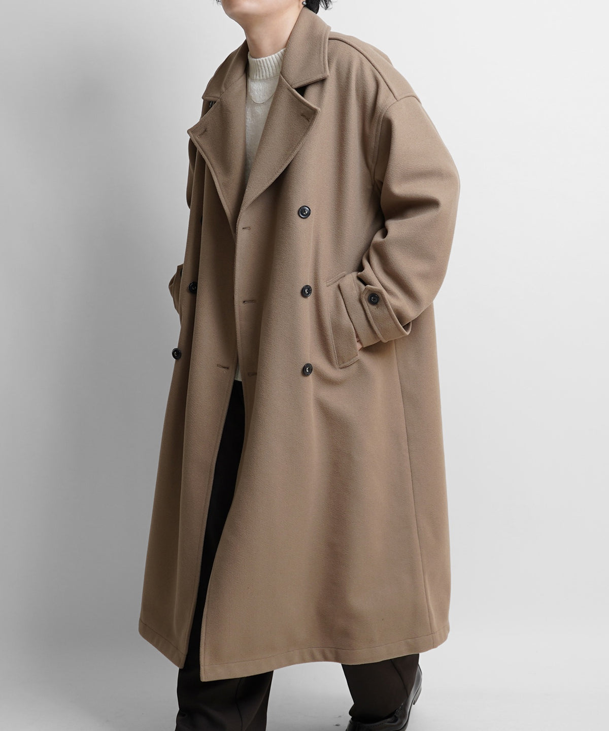 オーバーサイズ ウールライク メルトン スタンドネック ロングトレンチコート