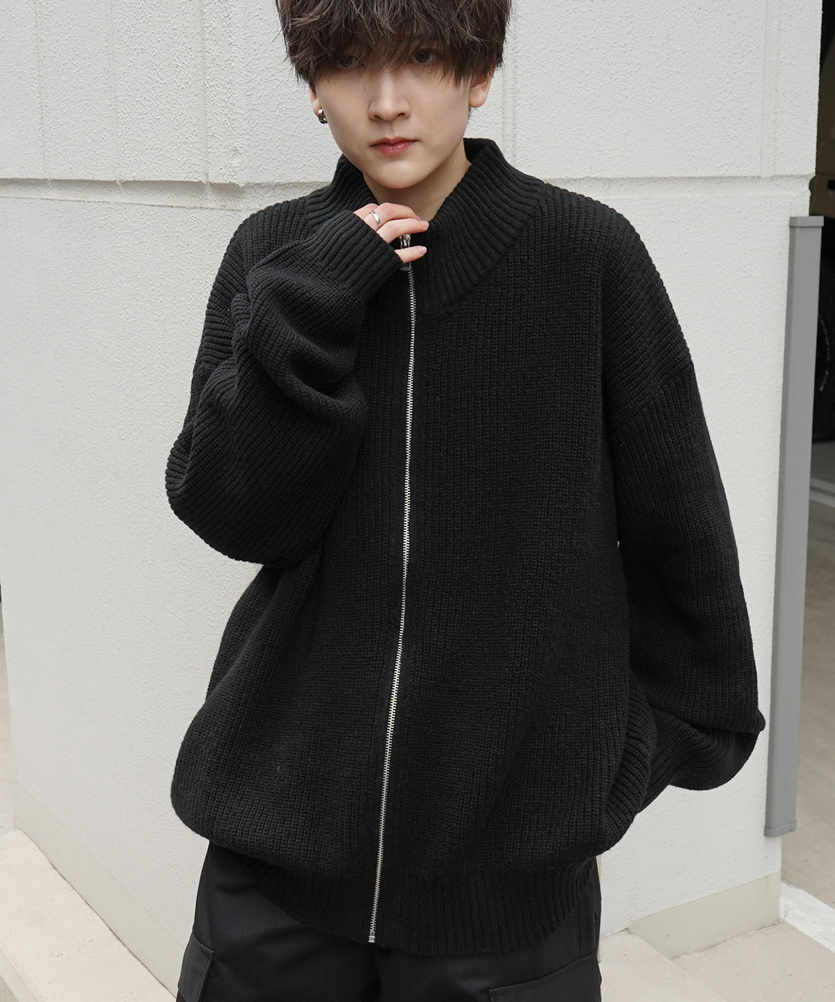 ビッグシルエット 畦編み フルジップドライバーズニット
