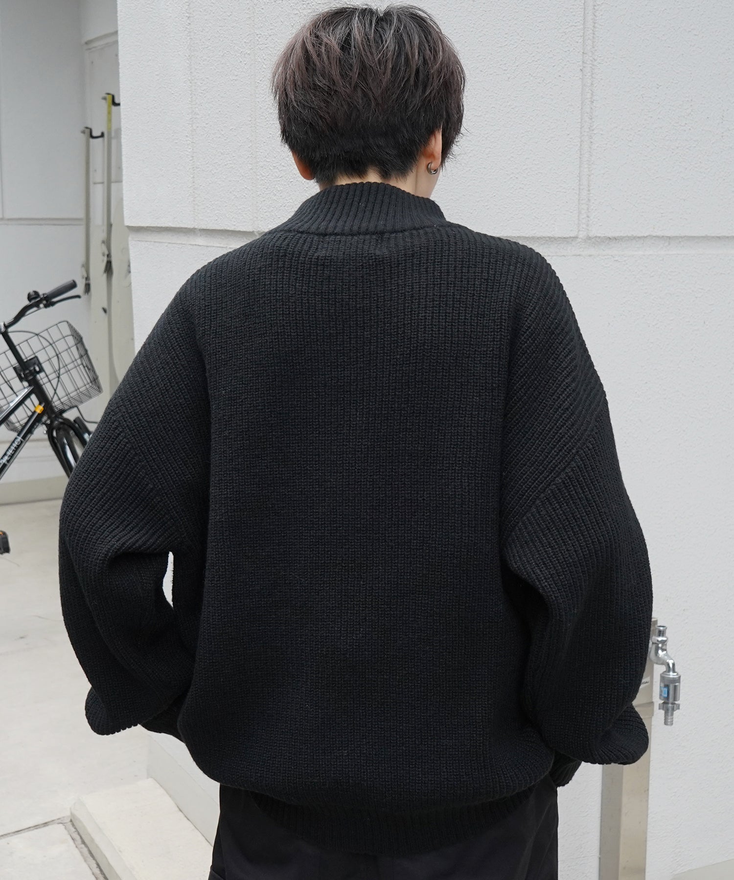 ビッグシルエット 畦編み フルジップドライバーズニット