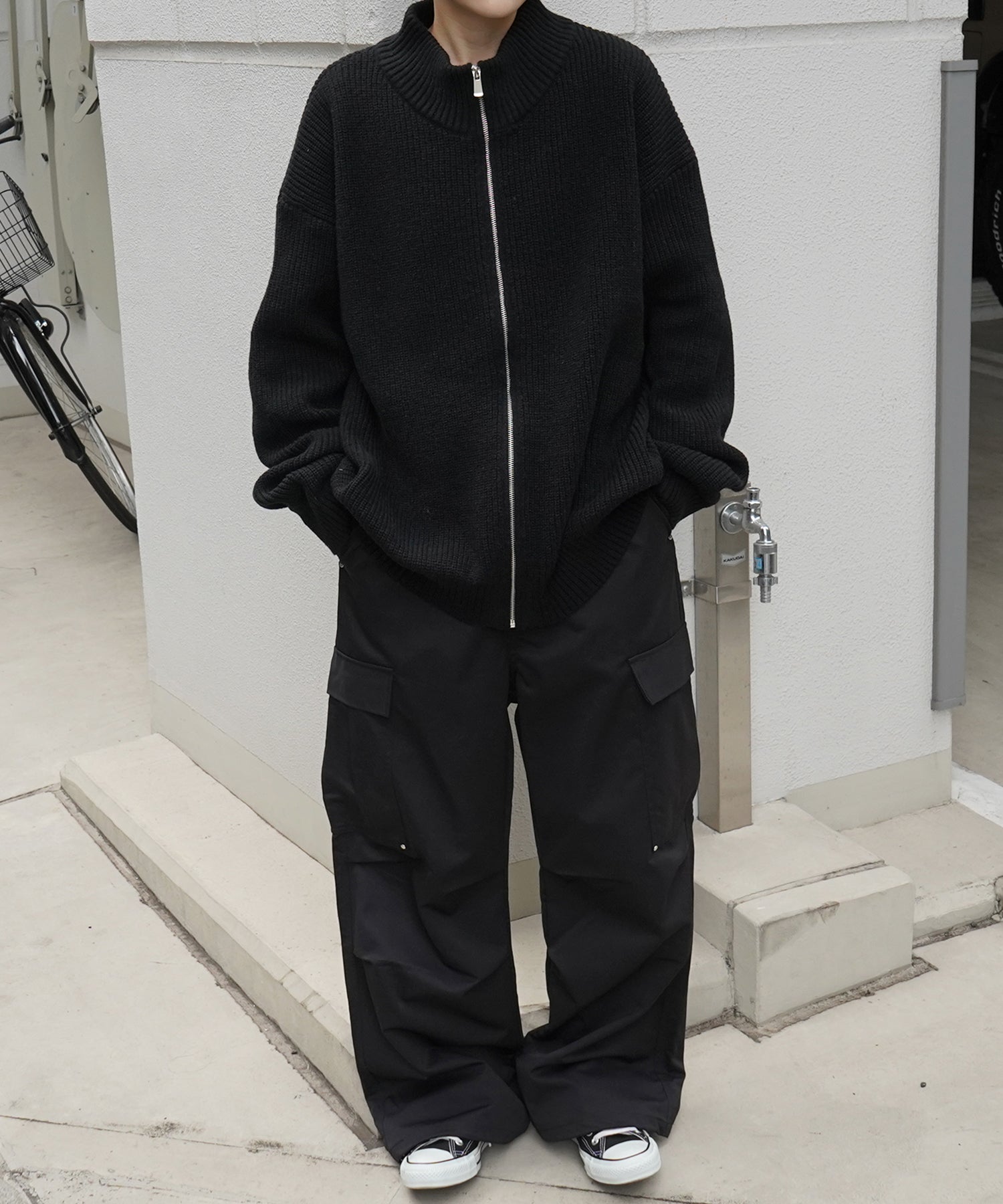 ビッグシルエット 畦編み フルジップドライバーズニット