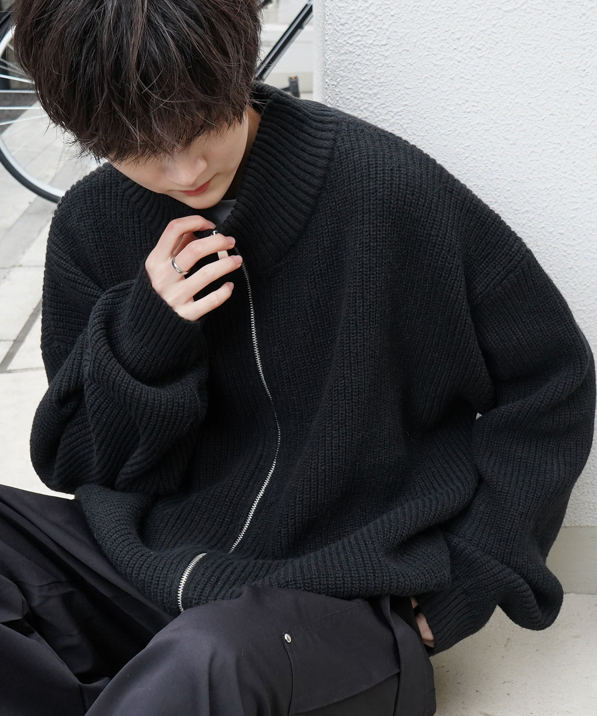 ビッグシルエット 畦編み フルジップドライバーズニット