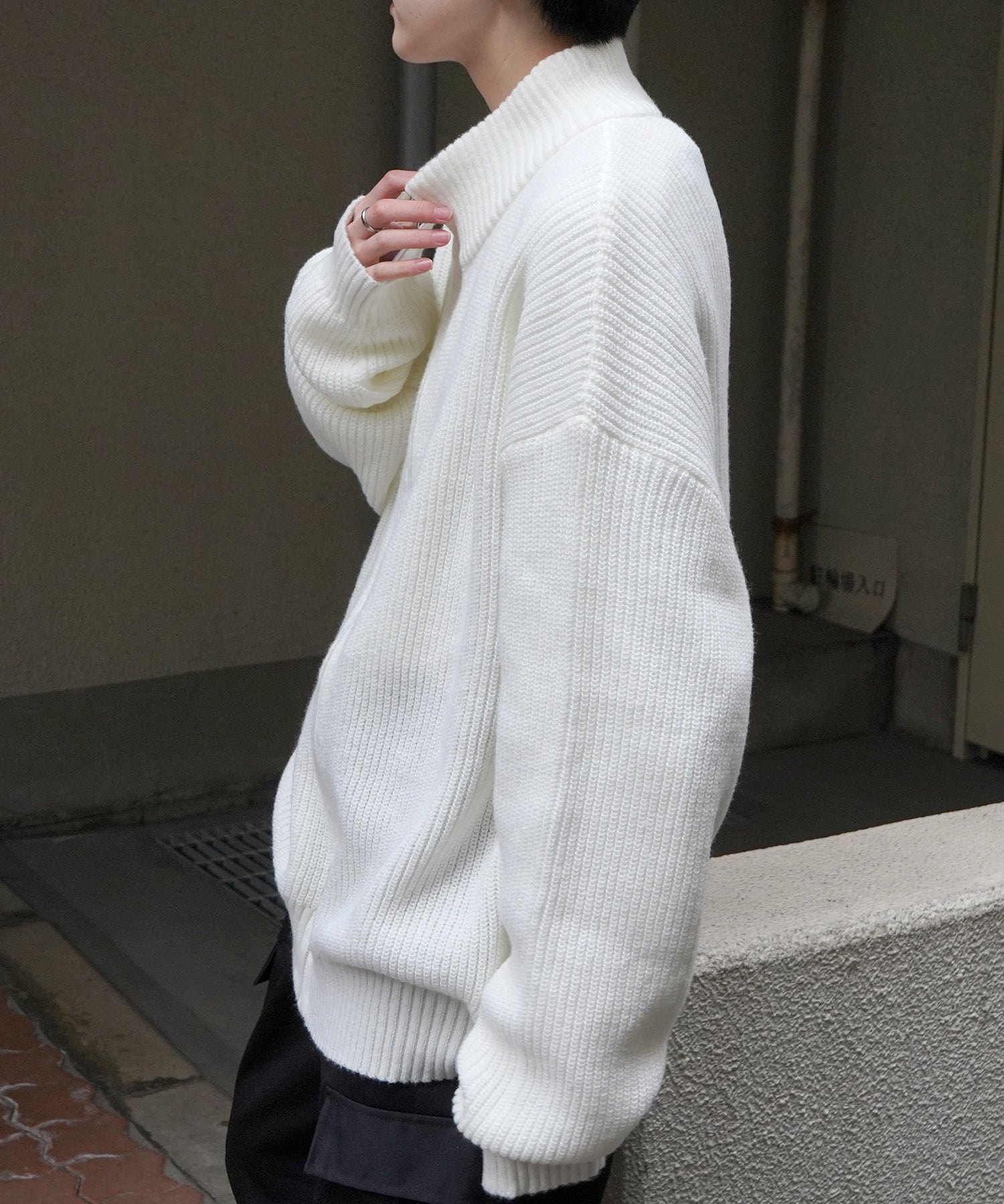 ビッグシルエット 畦編み フルジップドライバーズニット