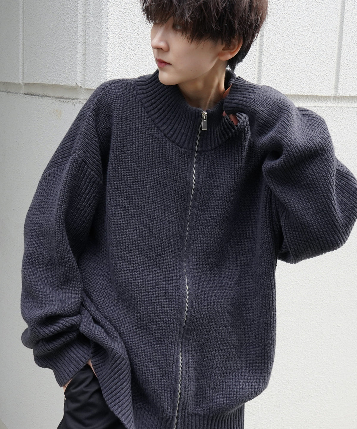 ビッグシルエット 畦編み フルジップドライバーズニット