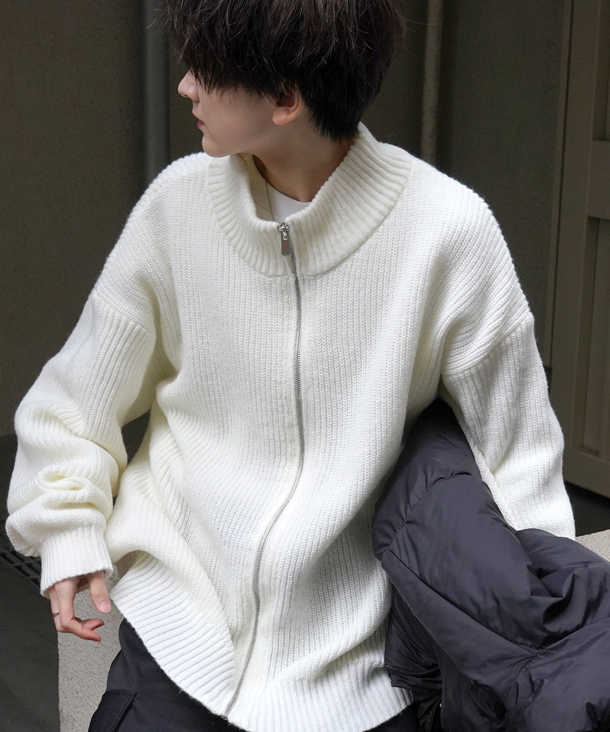 ビッグシルエット 畦編み フルジップドライバーズニット