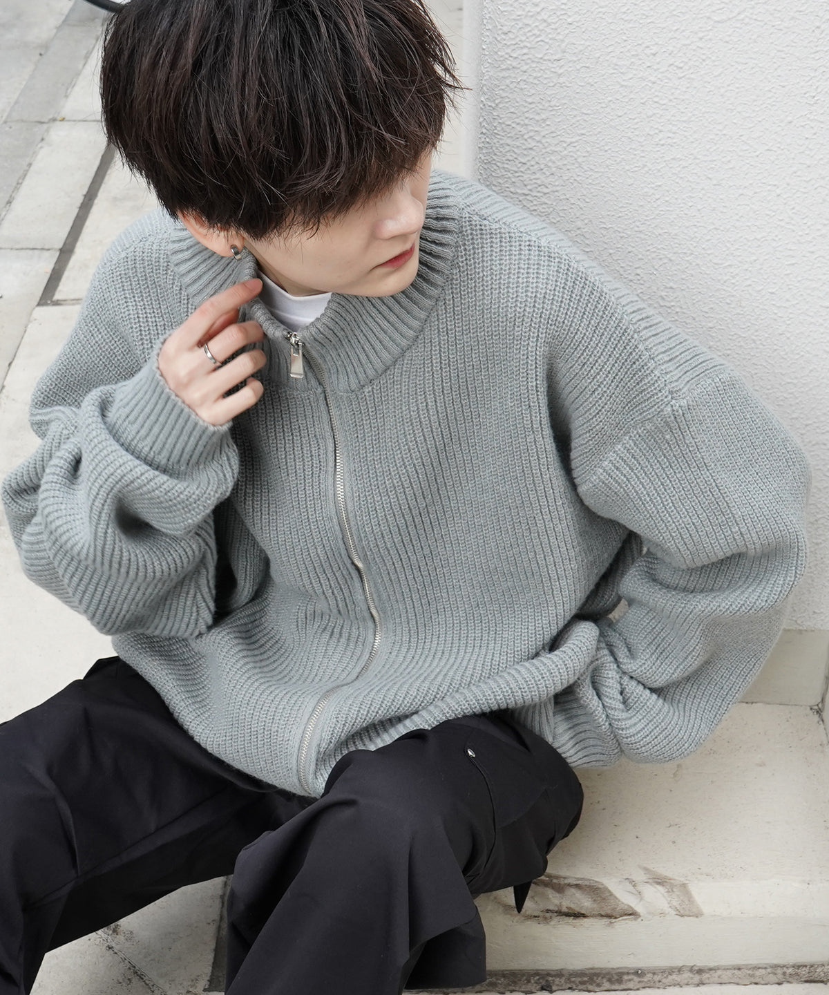 ビッグシルエット 畦編み フルジップドライバーズニット