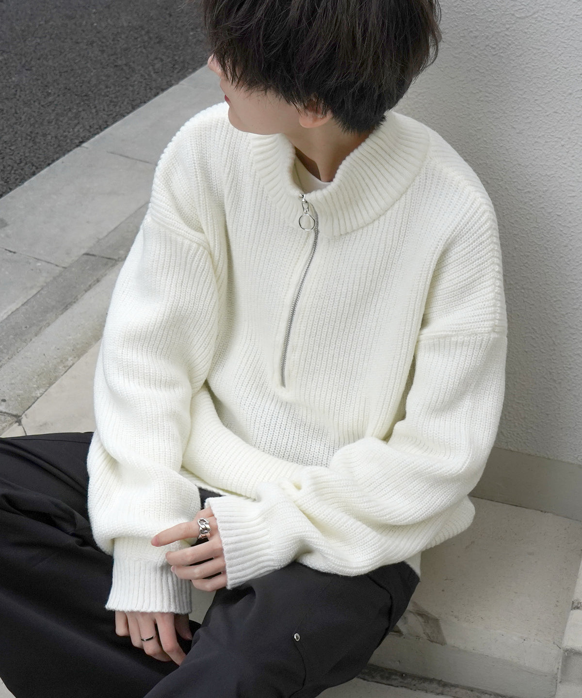 ビッグシルエット 畦編みハーフジッププルオーバーニット