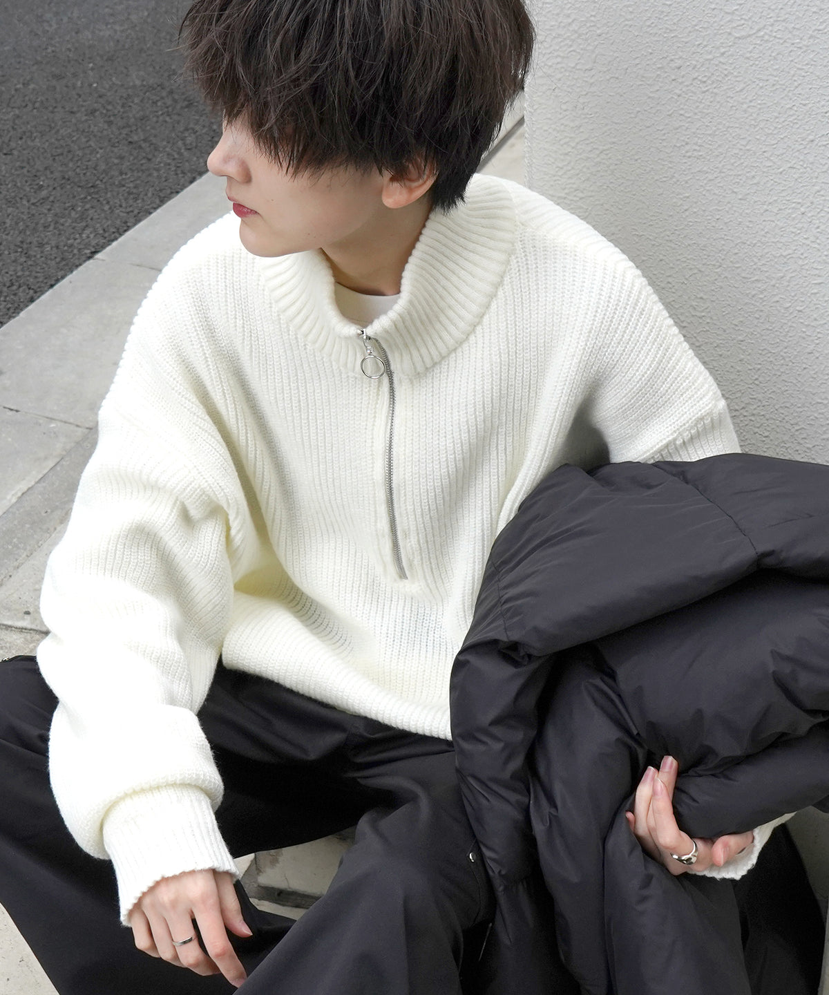 ビッグシルエット 畦編みハーフジッププルオーバーニット