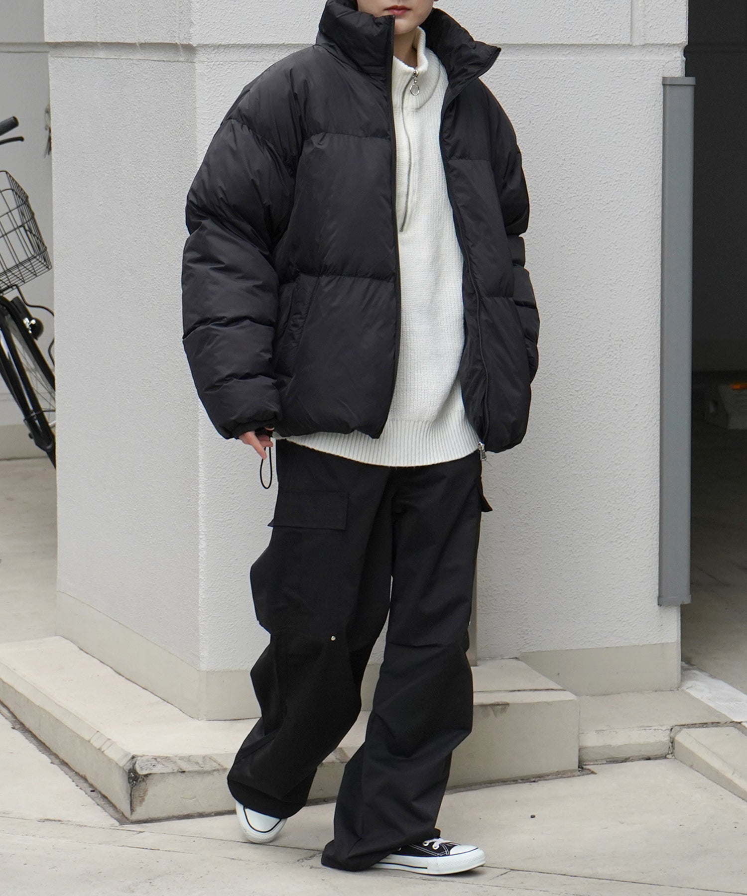 ビッグシルエット 畦編みハーフジッププルオーバーニット