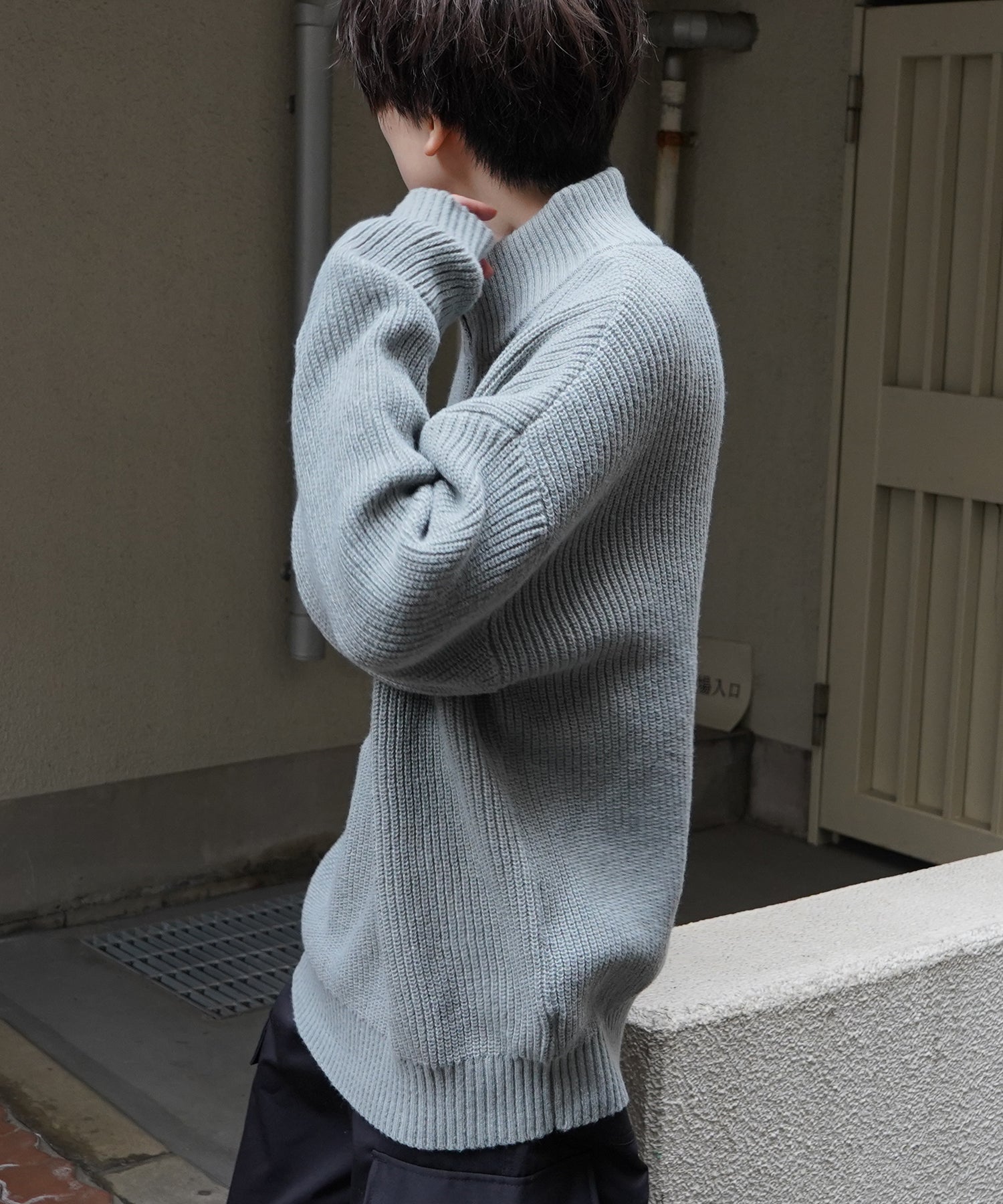 ビッグシルエット 畦編みハーフジッププルオーバーニット