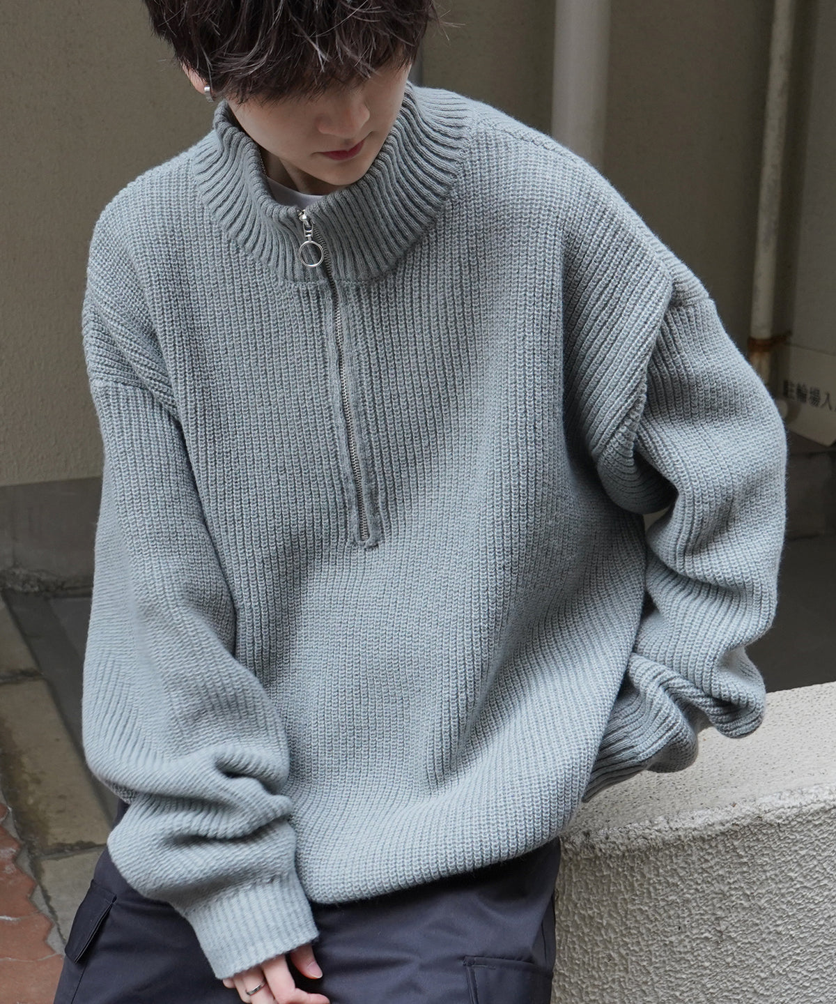ビッグシルエット 畦編みハーフジッププルオーバーニット